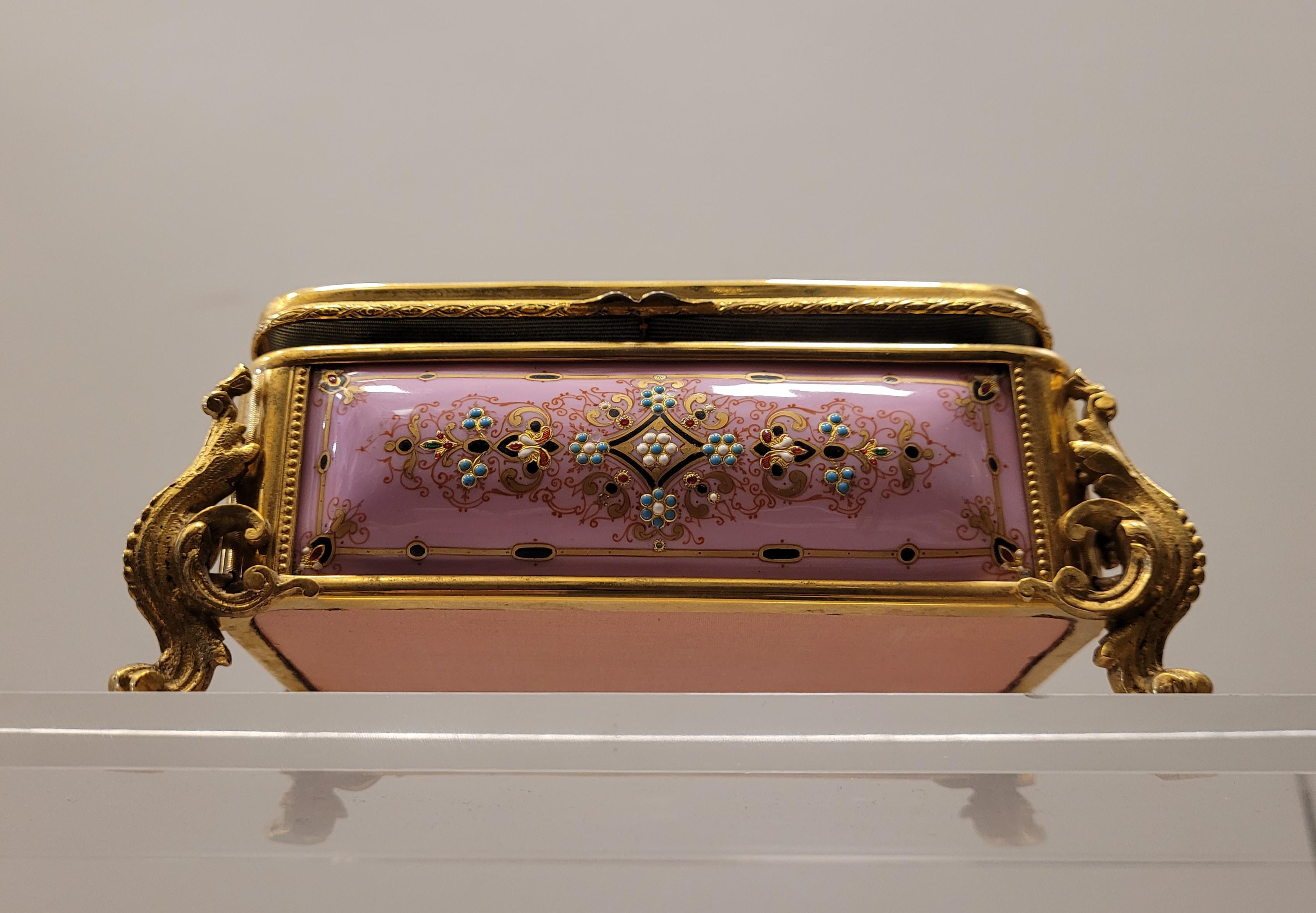 Late 19th Century Napoleón III French Pink Enamel Jewelry Box, Ormolu
