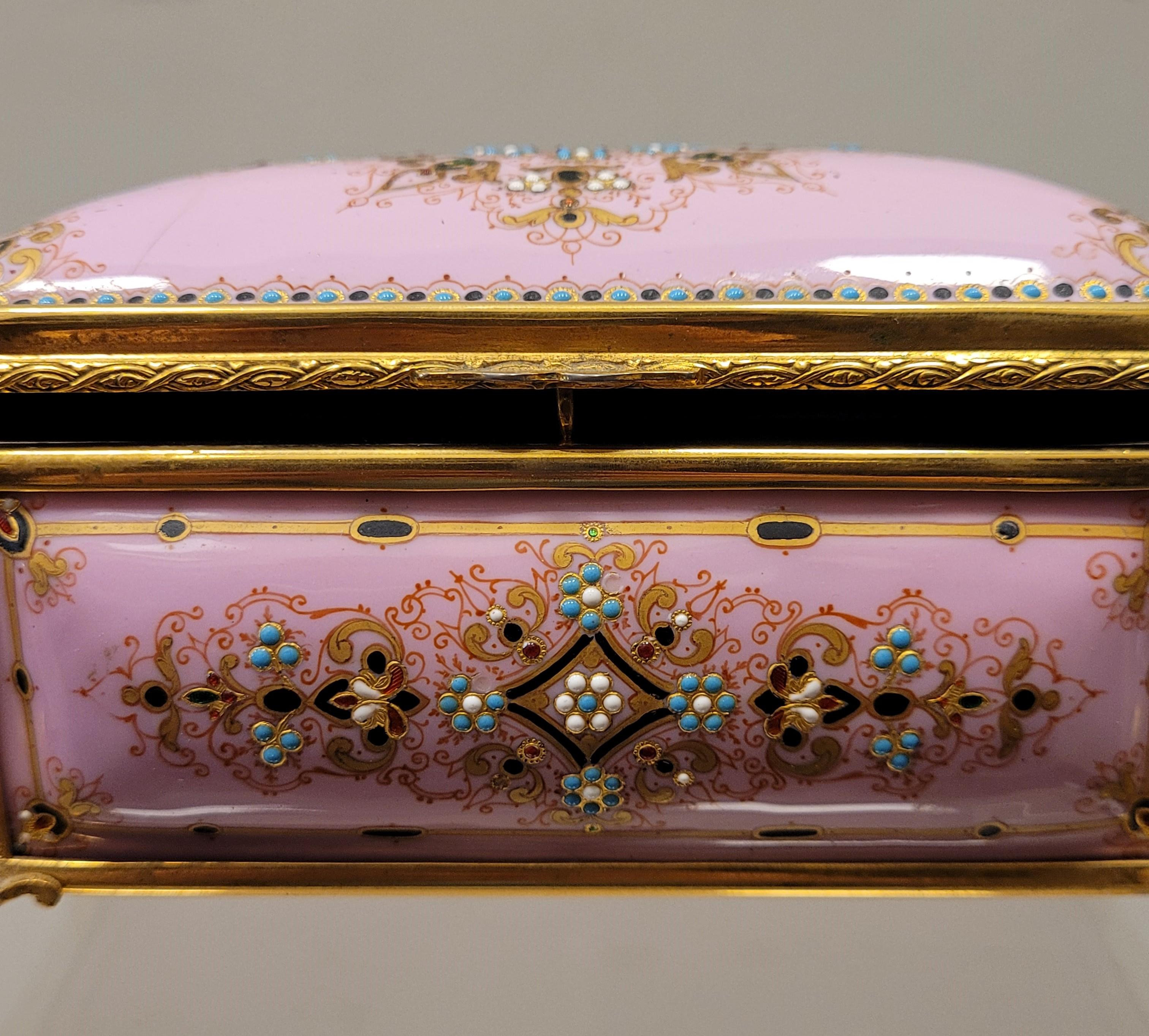 Napoleón III French Pink Enamel Jewelry Box, Ormolu 2