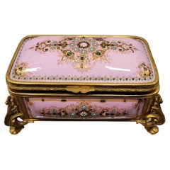 Antique Napoleón III French Pink Enamel Jewelry Box, Ormolu