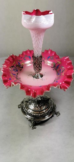 Napoleon III French Pink Opaline Glass and Metal Trumpet Epergne Vase
