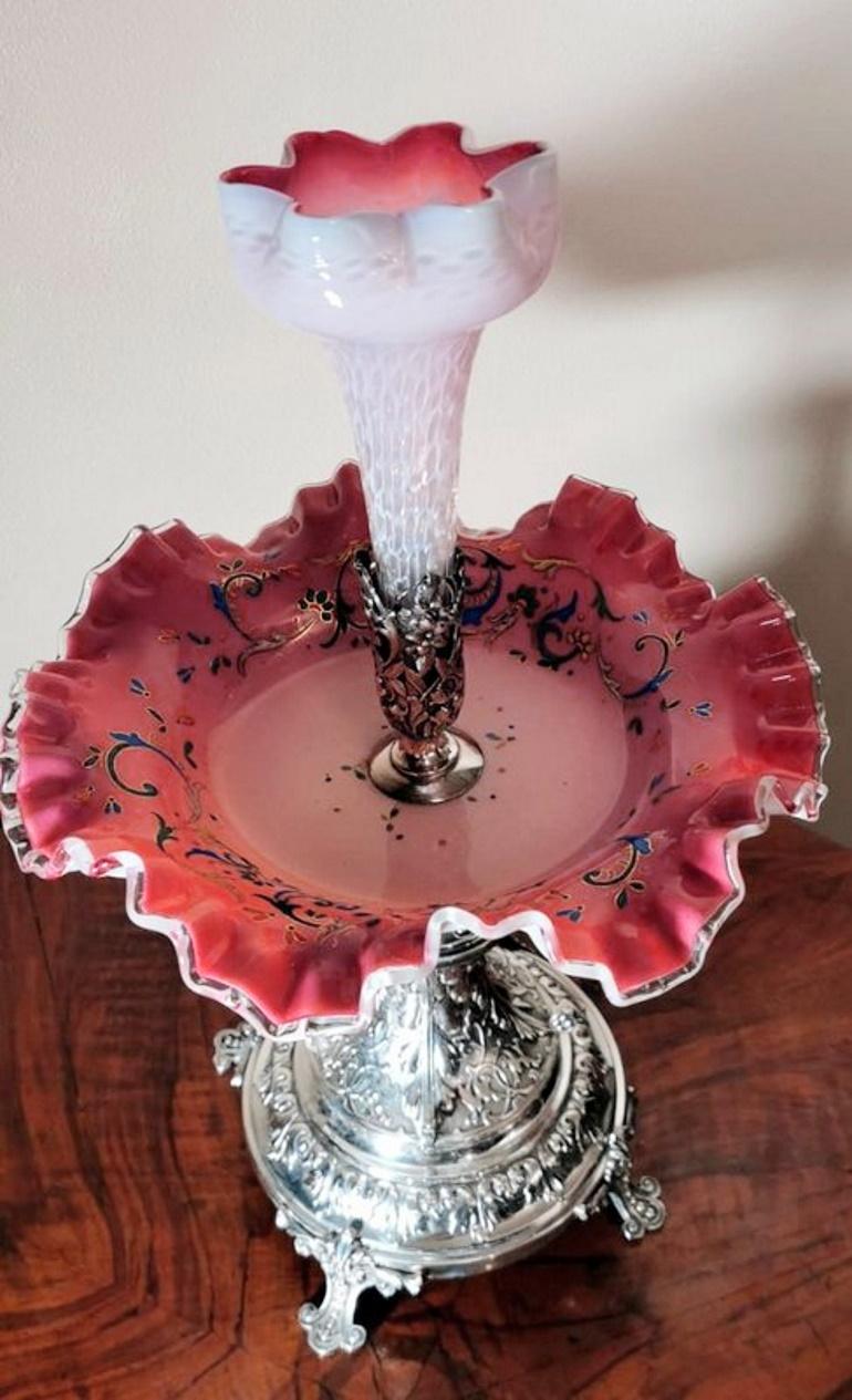 Painted Napoleon III French Pink Opaline Glass and Metal Trumpet Epergne Vase