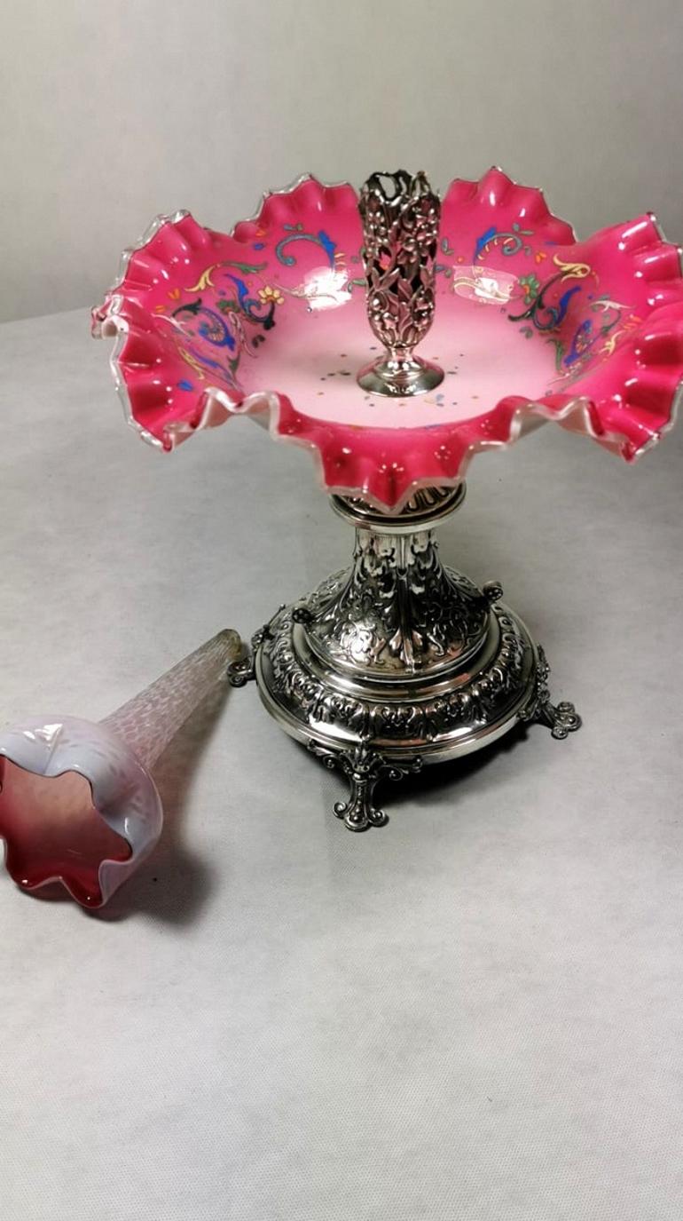 Sheffield Plate Napoleon III French Pink Opaline Glass and Metal Trumpet Epergne Vase