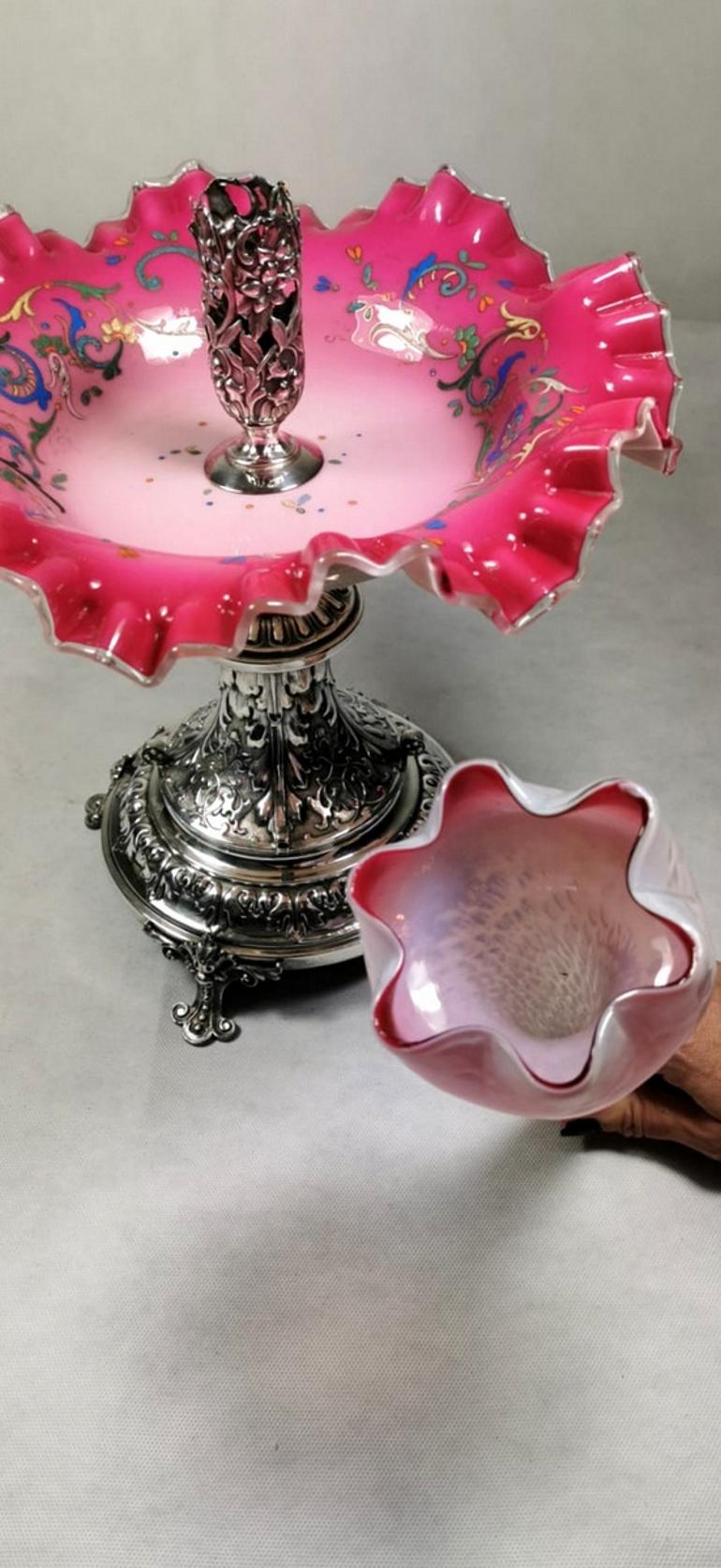 Napoleon III French Pink Opaline Glass and Metal Trumpet Epergne Vase 1