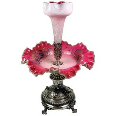 Napoleon III French Pink Opaline Glass and Metal Trumpet Epergne Vase