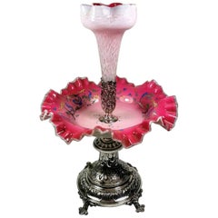 Antique Napoleon III French Pink Opaline Glass and Metal Trumpet Epergne Vase