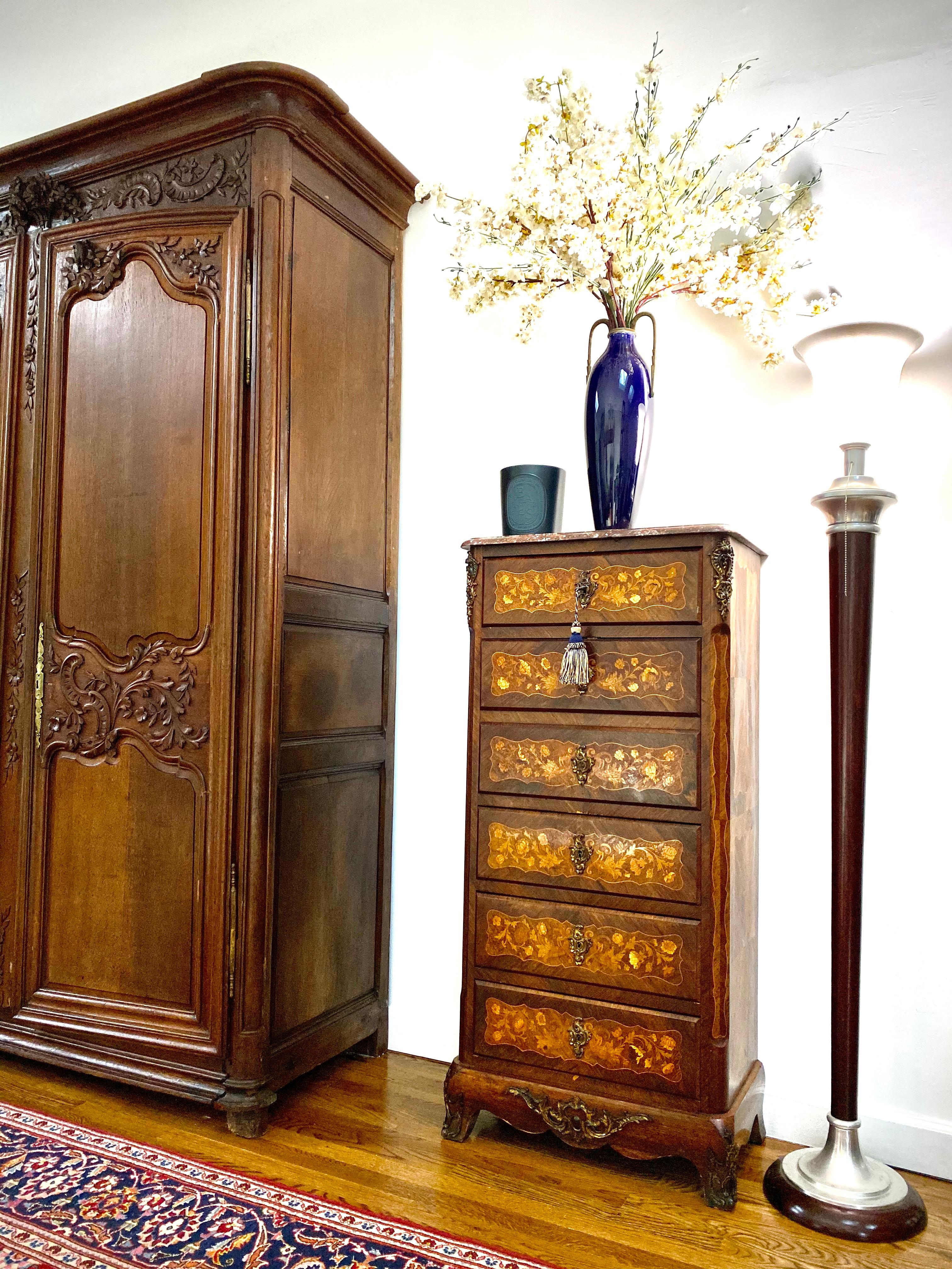 Marquetry Napoleon III French Secretary Chest of Drawers Mahogany Rosewood Inlaid For Sale