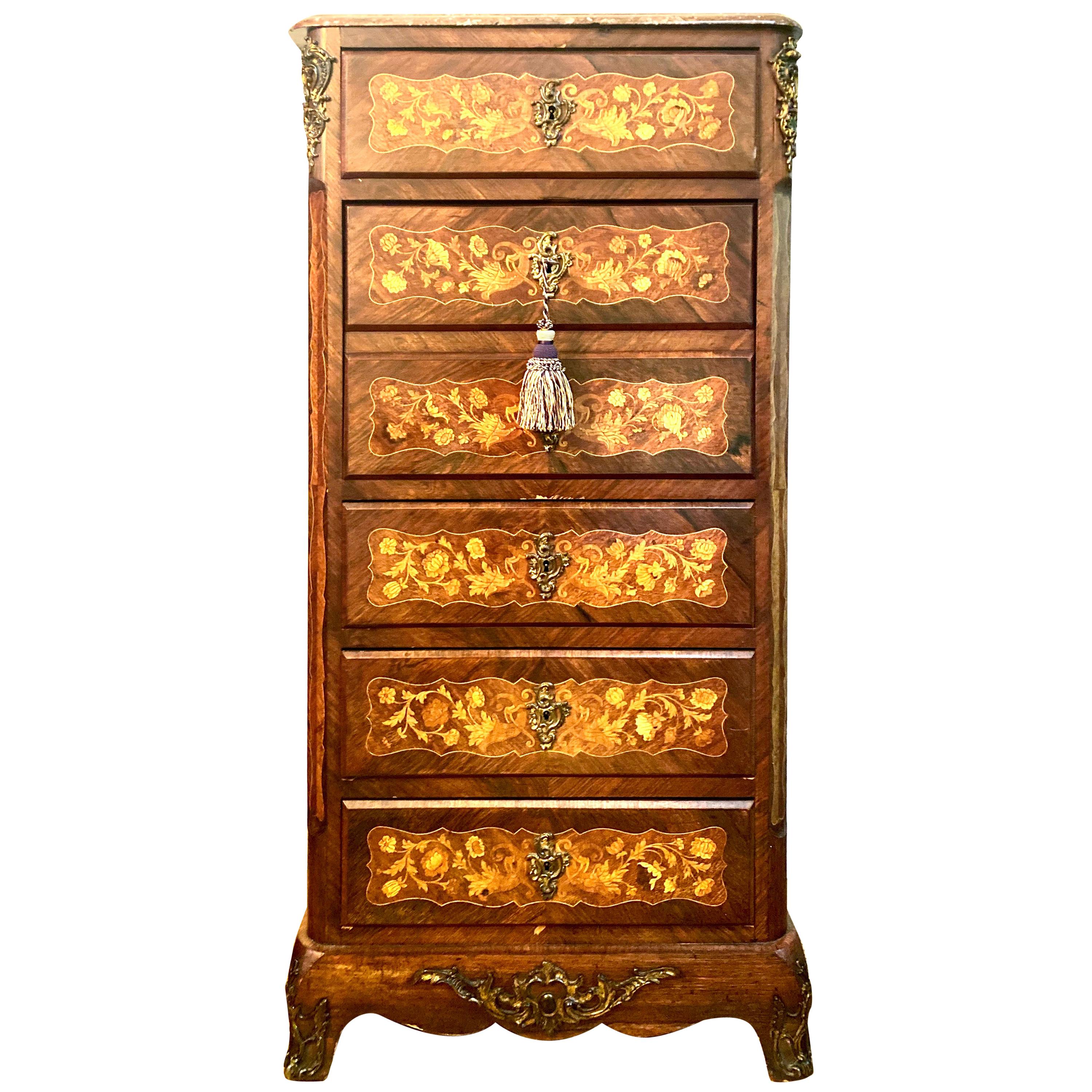 Napoleon III French Secretary Chest of Drawers Mahogany Rosewood Inlaid For Sale