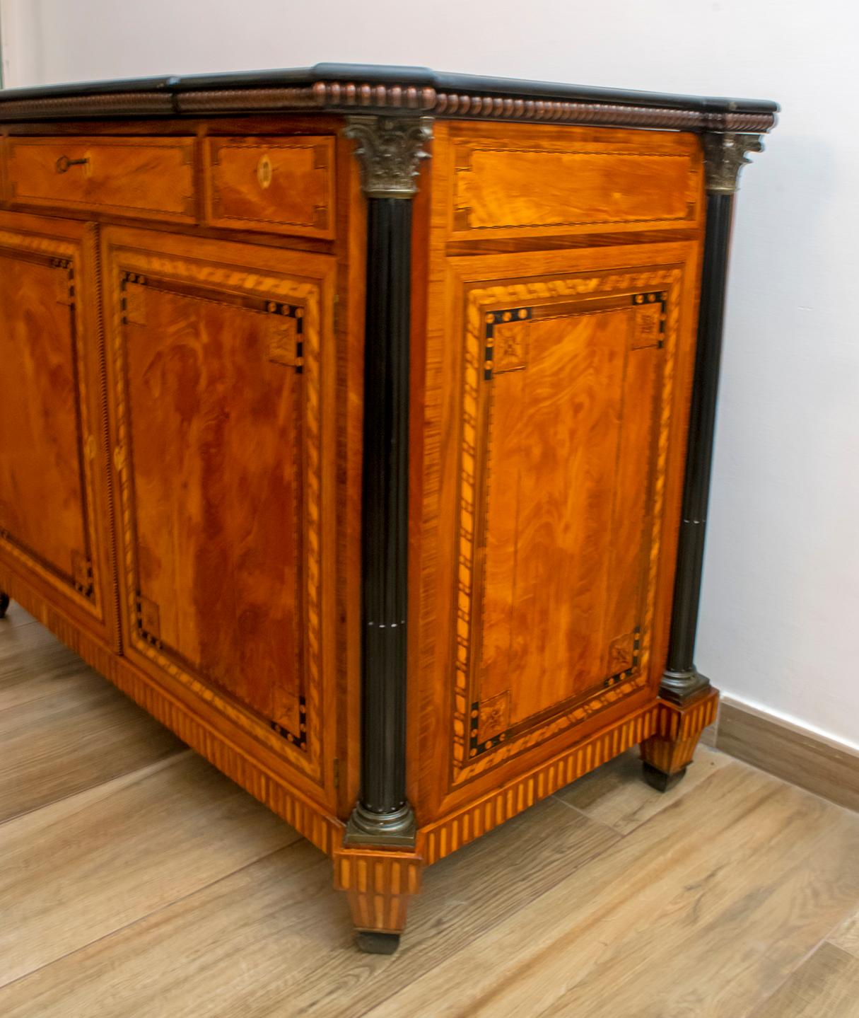 Walnut Napoleon III French Sideboard Inlaid with Geometric Floral Motifs, 1850 For Sale