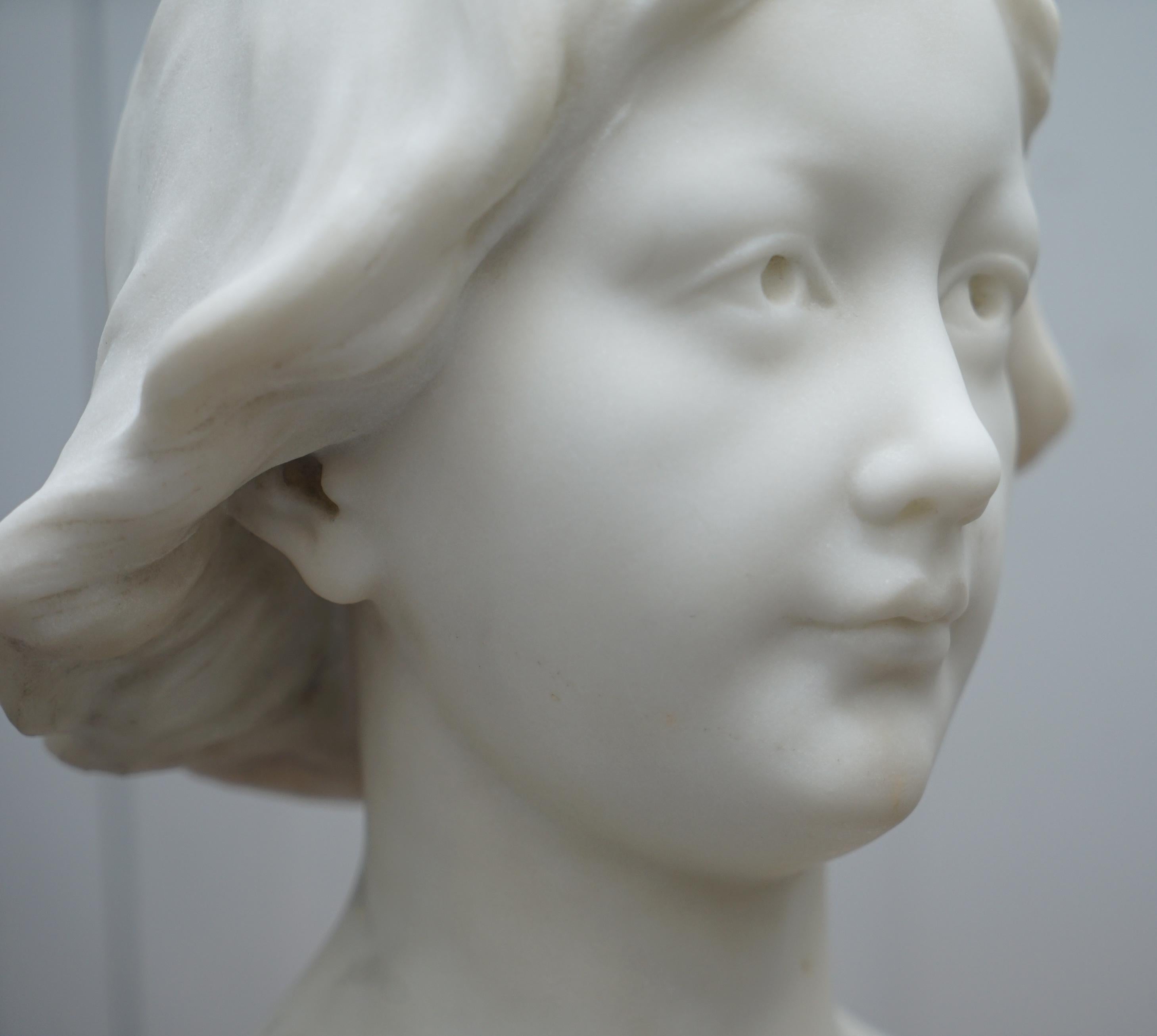 Napoleon III French Solid Marble Bust, Signed by Sculptor of a Beautiful Women For Sale 4