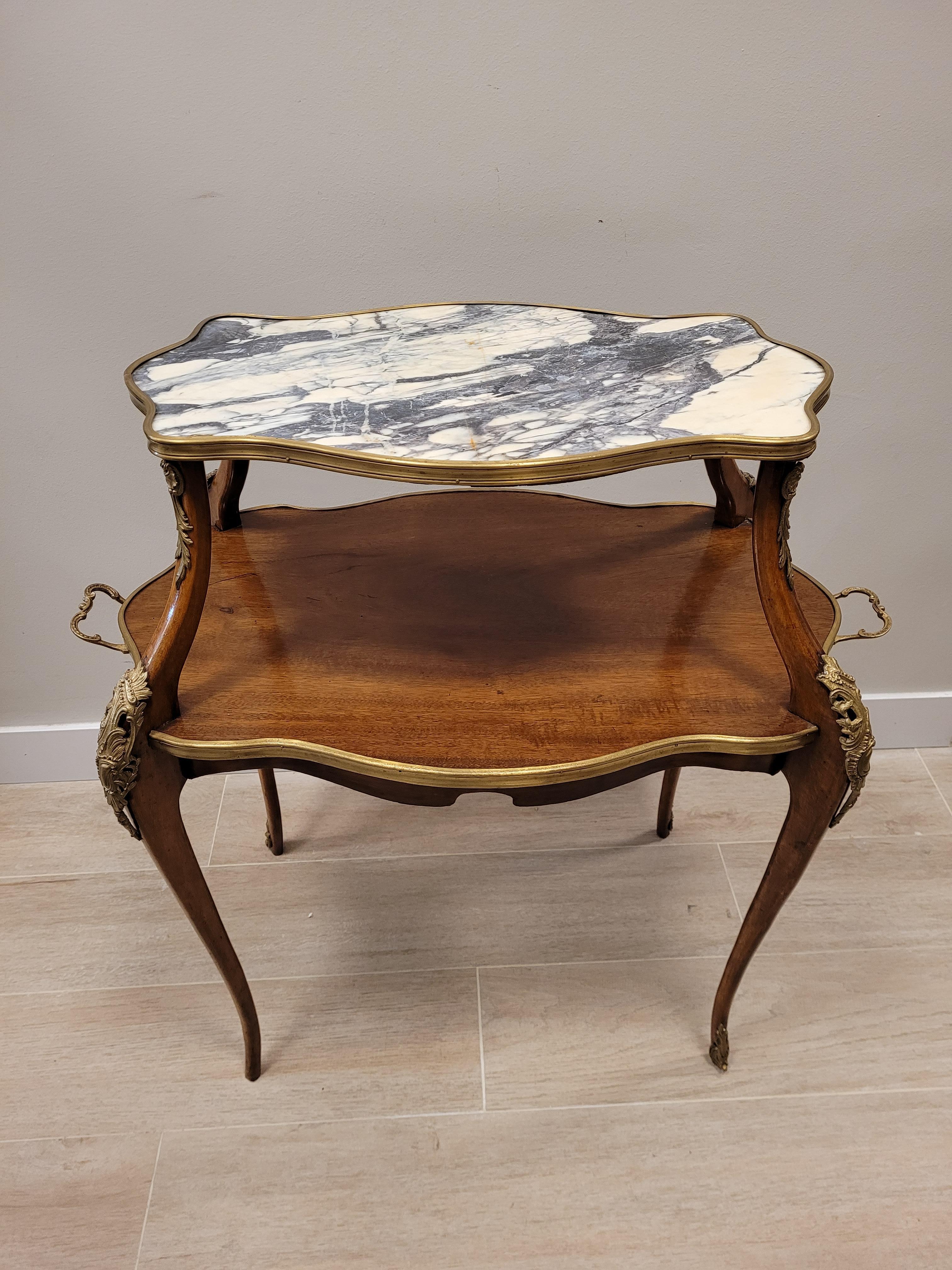 Hand-Crafted Napoleón iii French Tea-Table, Serving Table Wood, Bronze. Marble For Sale