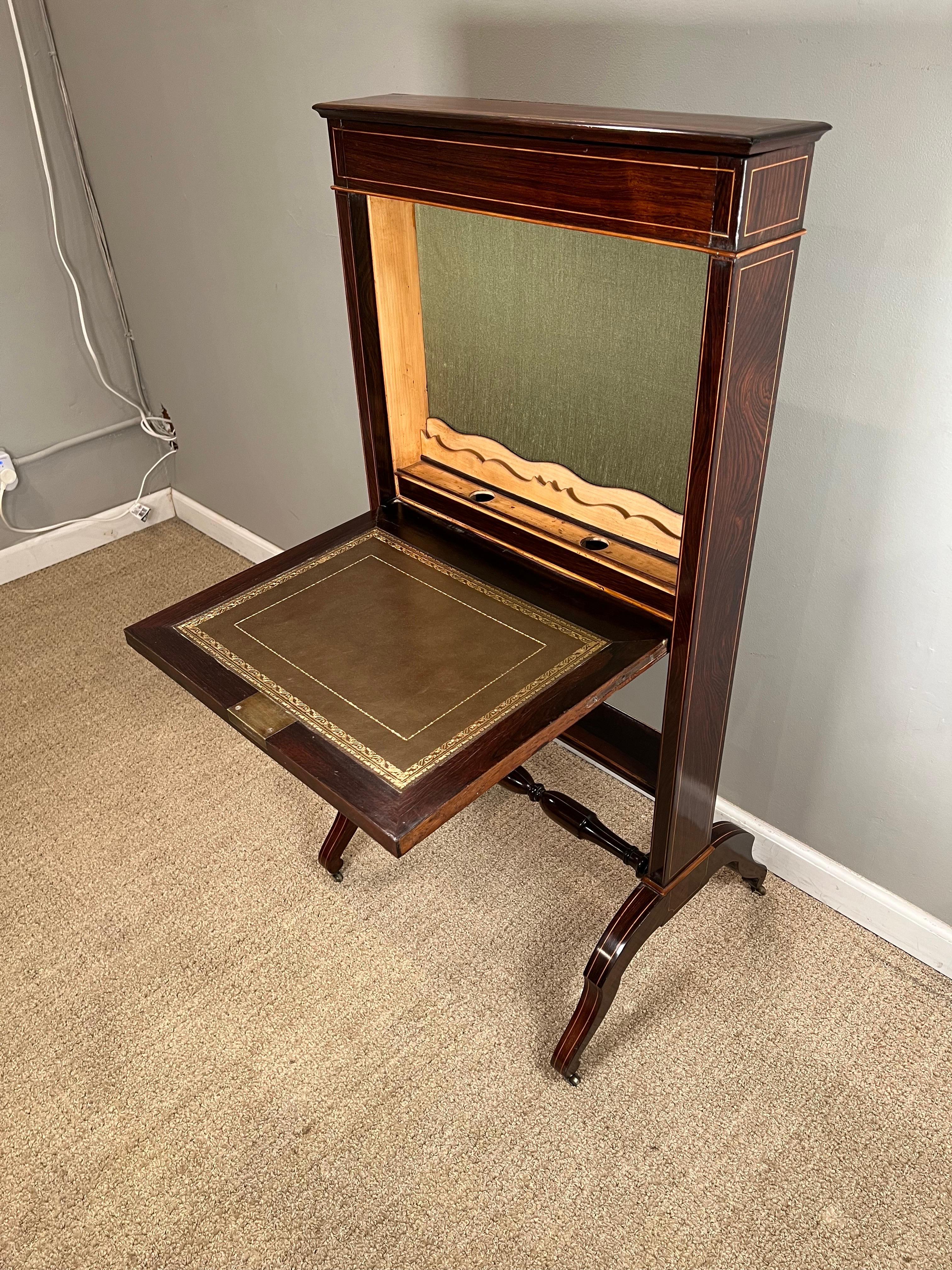 Polished Napoleon III French Travel Fall Front Desk in Rosewood and Boxwood Veneer 1860s For Sale