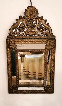 Napoleon III French Wall Mirror with Brass Inserts Worked in Repoussé