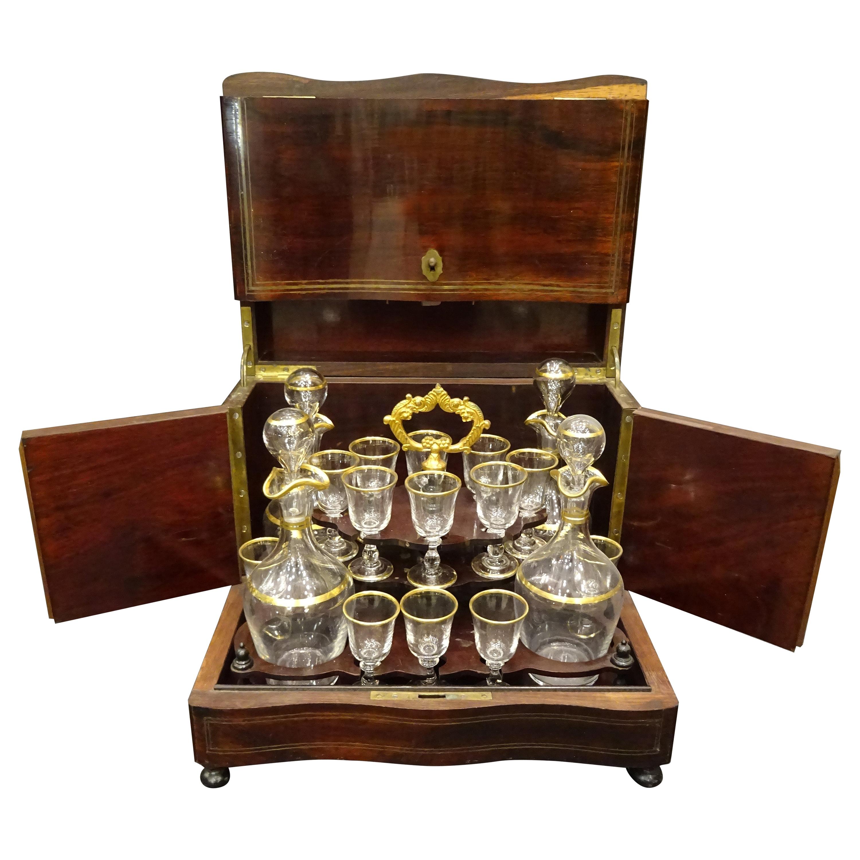 Napoleon III French Wooden, Blown Cut Glass with Gold Filigree Travel Decanter
