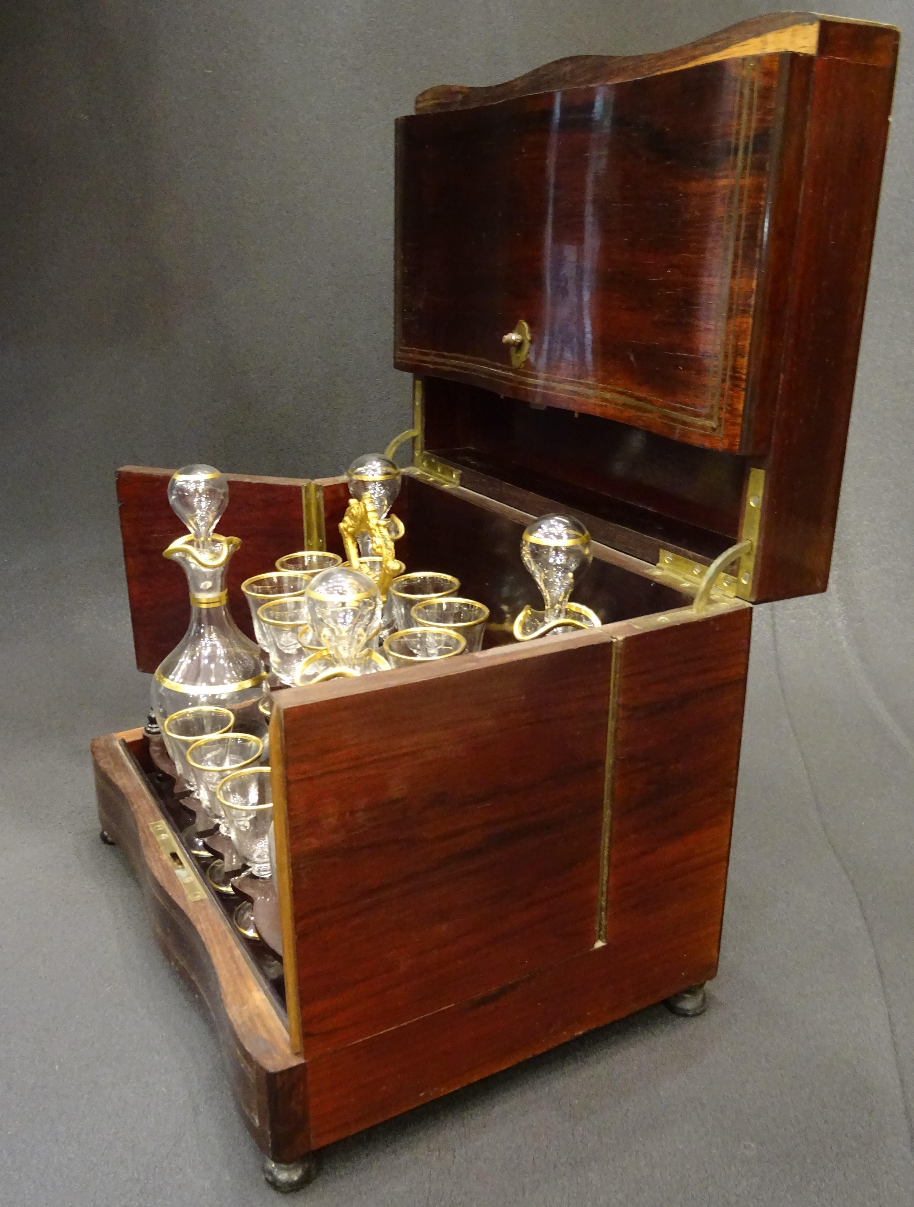Napoleon III French Wooden, Blown Cut Glass with Gold Filigree Travel Decanter 5