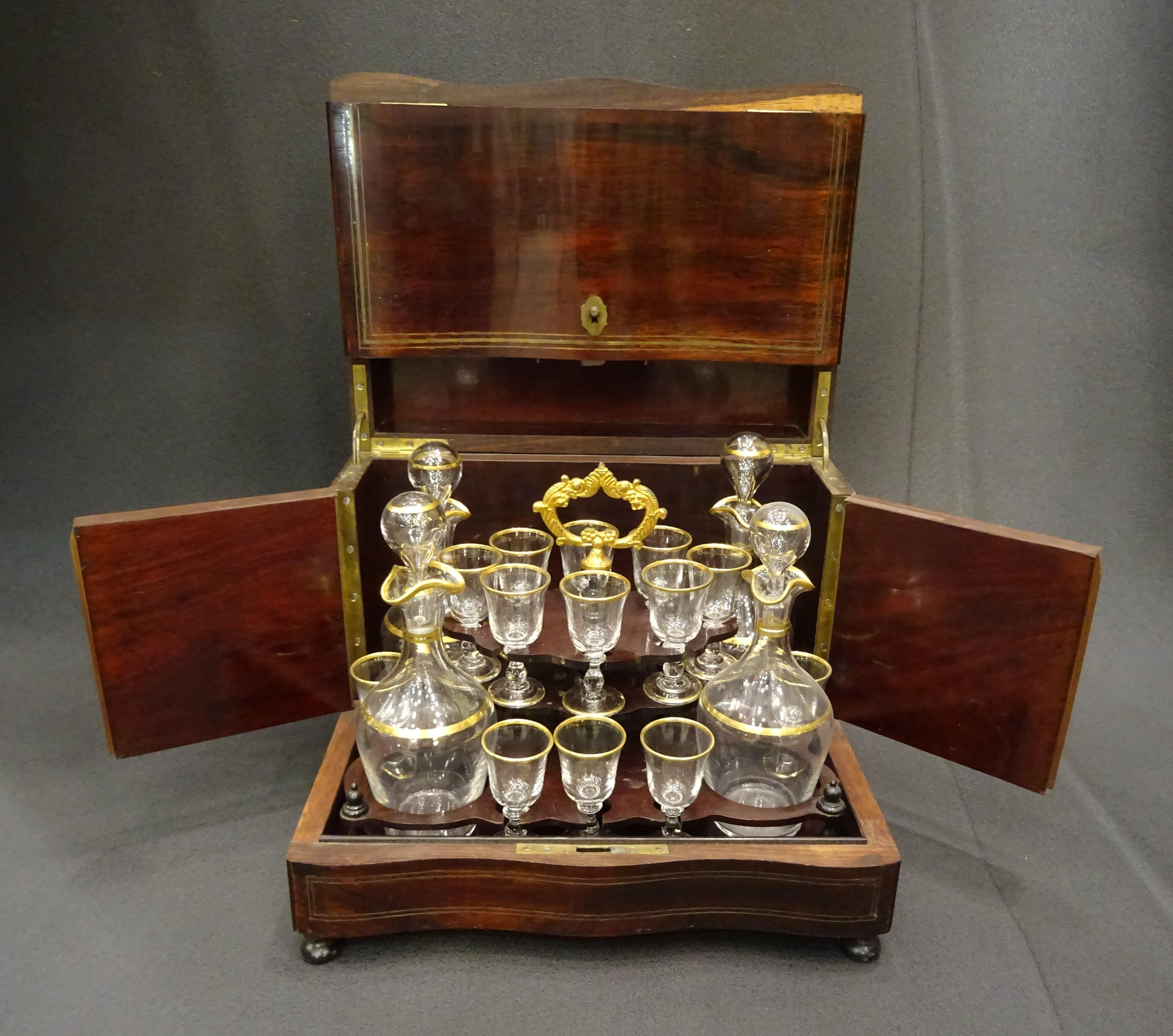 Napoleon III French Wooden, Blown Cut Glass with Gold Filigree Travel Decanter 8