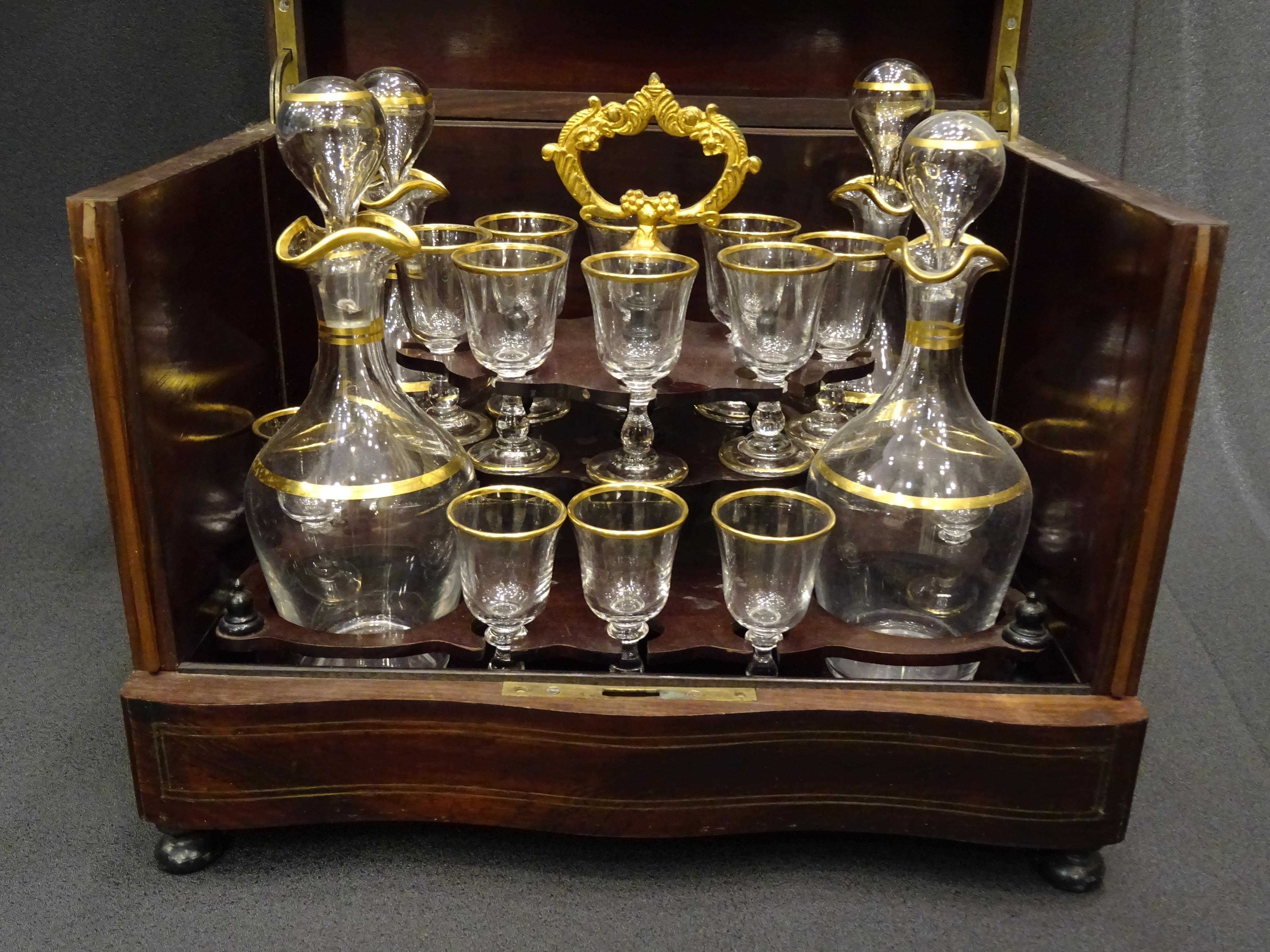 Napoleon III French Wooden, Blown Cut Glass with Gold Filigree Travel Decanter In Good Condition In Valladolid, ES