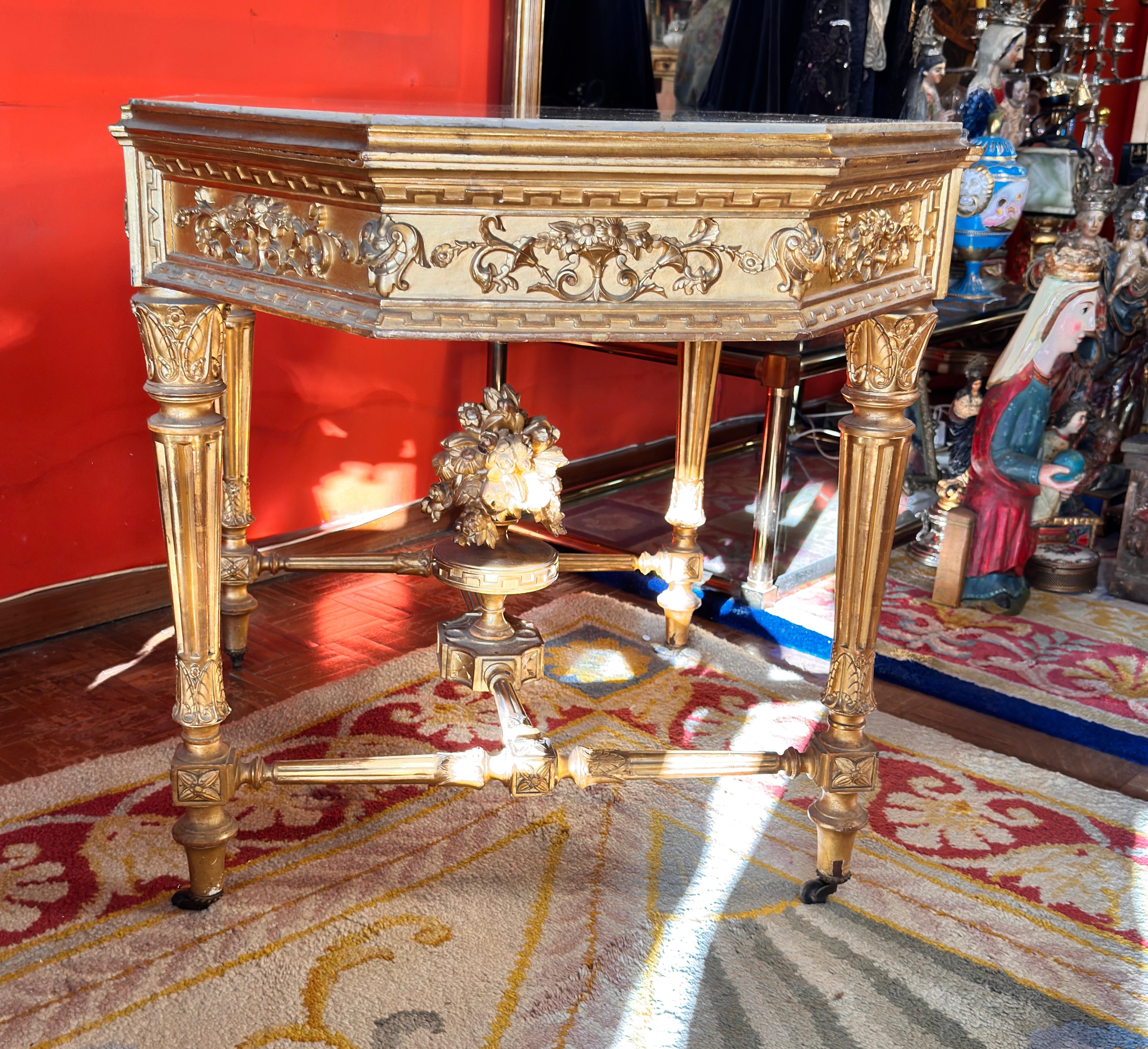 French Napoleon III Gilded Console Table with Marble Top, circa 1860-1870 For Sale