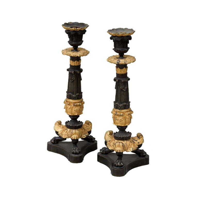 Napoleon III Gilt and Patinated Bronze Candlesticks For Sale