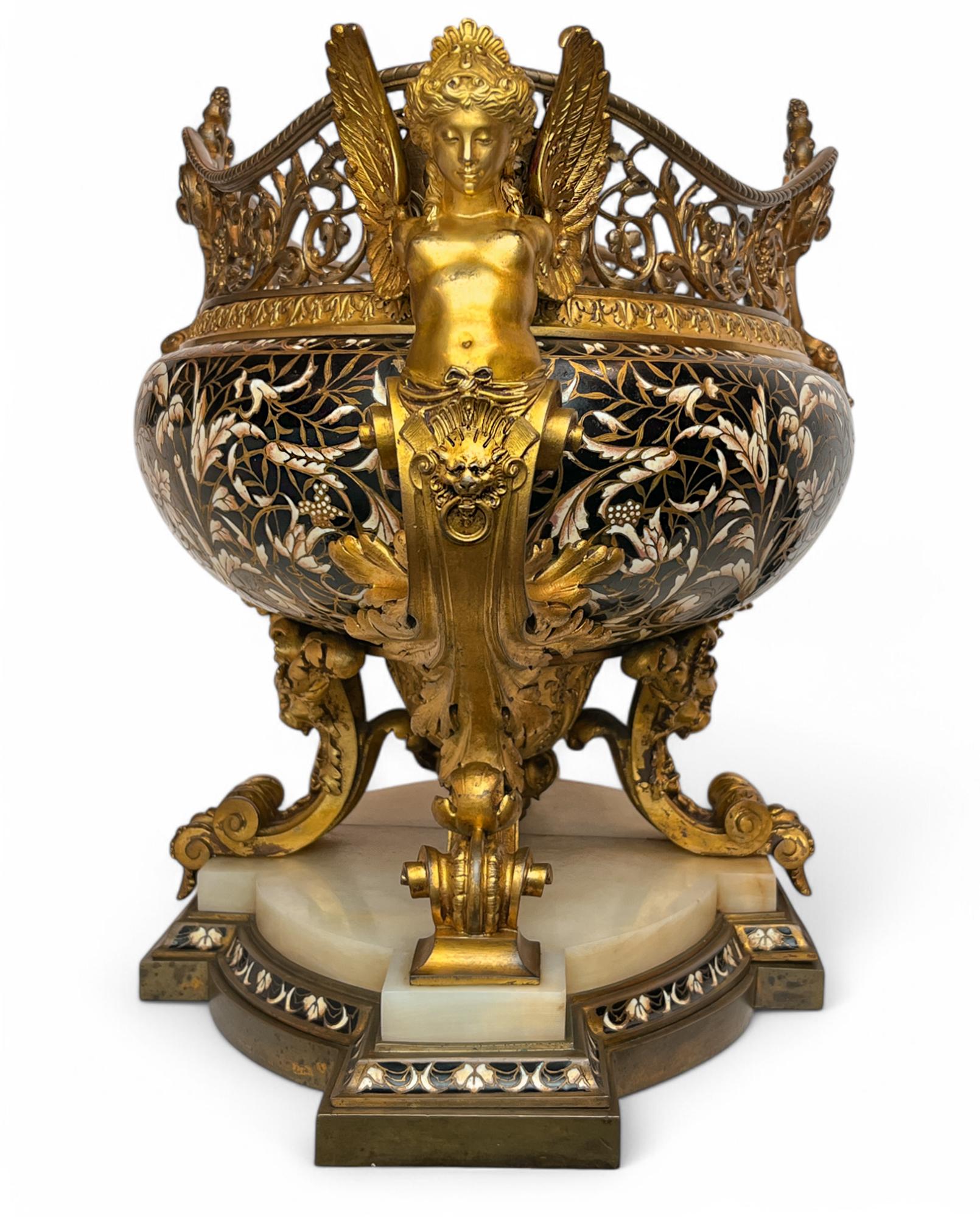 Jardinière Napoleone III in bronzo dorato e smalto cloisonné su base di onice bianco in vendita 2