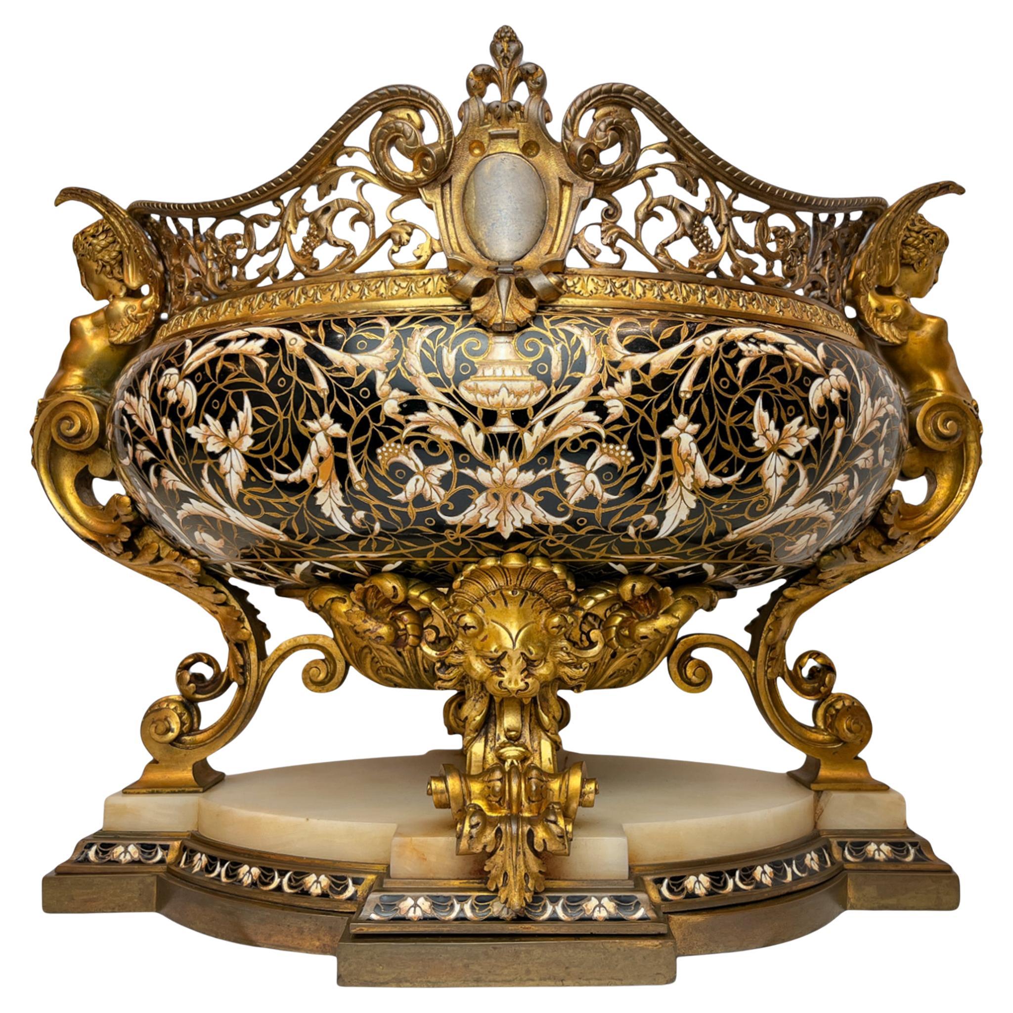 Napoleon III Gilt-Bronze and Cloisonné Enamel Jardinière on White Onyx Base