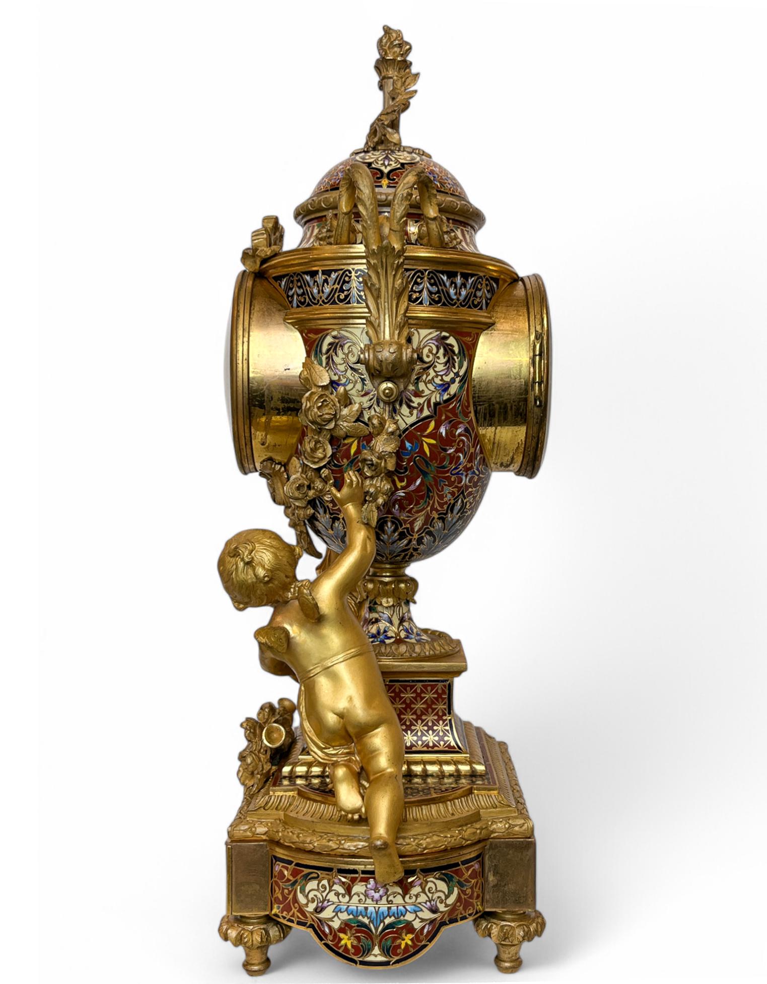 Napoleon III Gilt-Bronze and Enamel Figural Mantel Clock and Candelabras For Sale 6