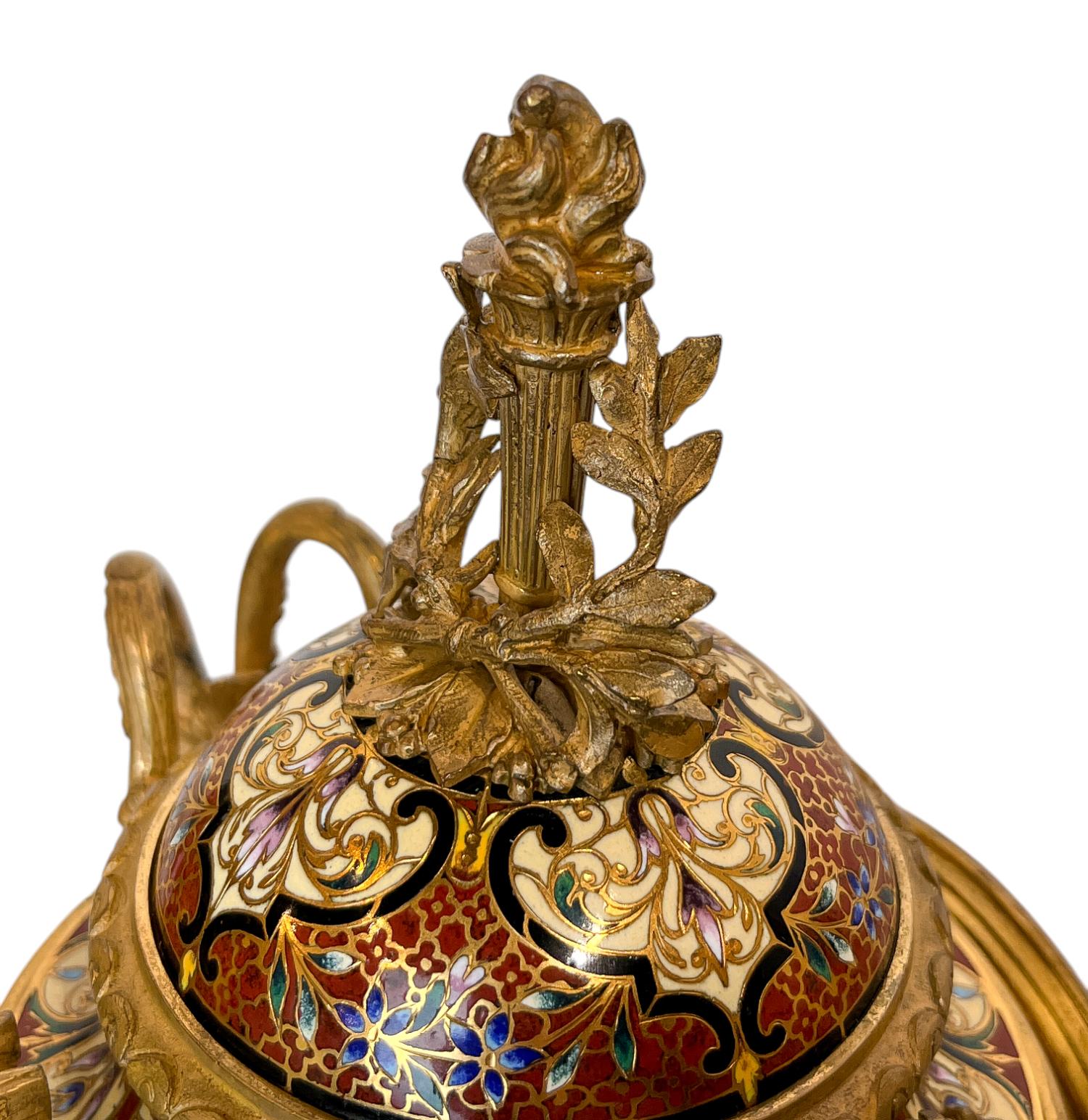 Napoleon III Gilt-Bronze and Enamel Figural Mantel Clock and Candelabras For Sale 7