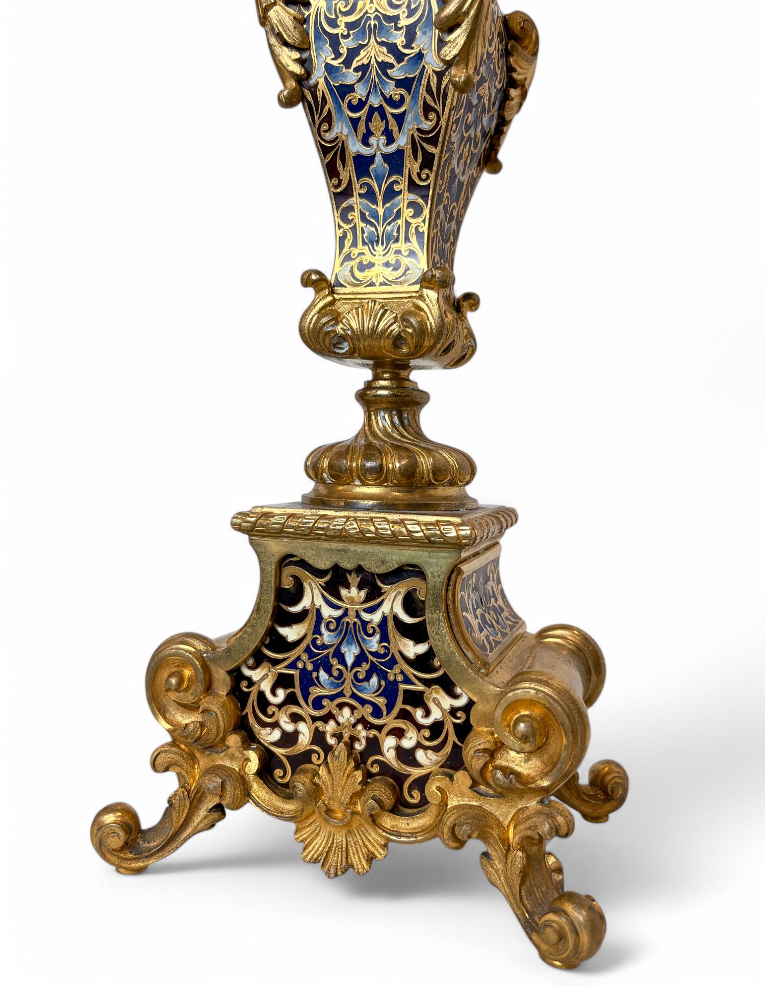 Napoleon III Gilt-Bronze and Enamel Figural Mantel Clock and Candelabras For Sale 8