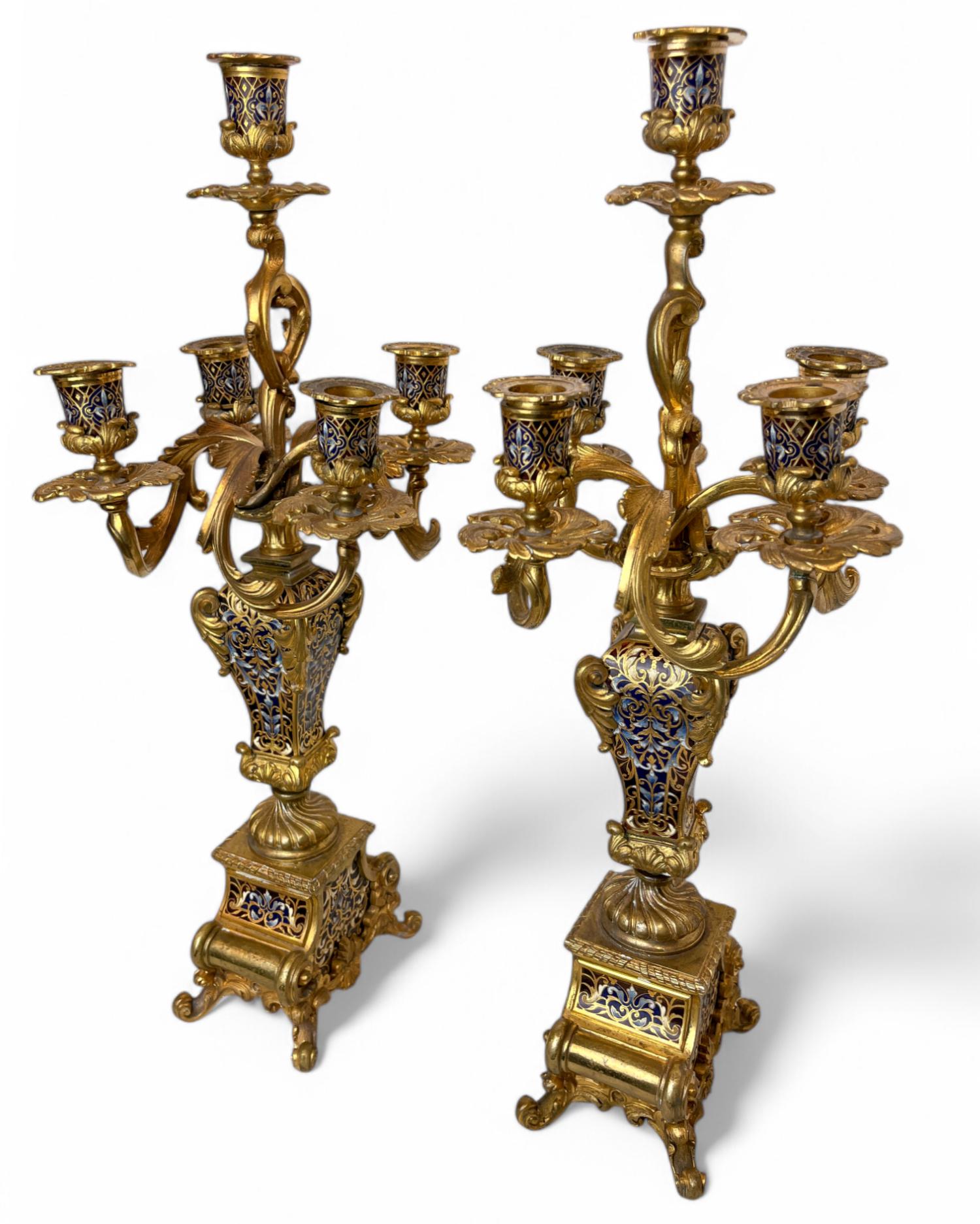 Napoleon III Gilt-Bronze and Enamel Figural Mantel Clock and Candelabras For Sale 9
