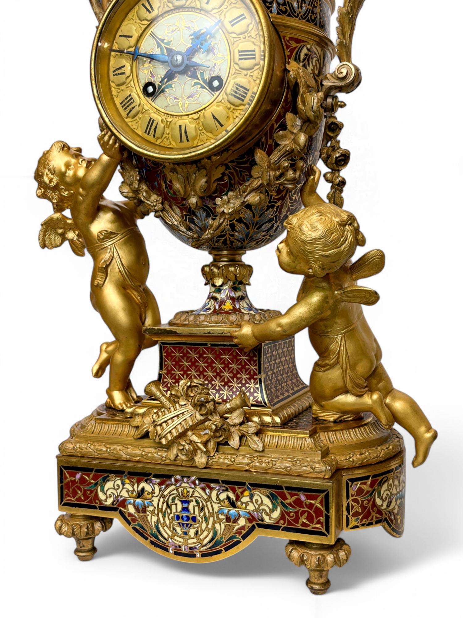 American Napoleon III Gilt-Bronze and Enamel Figural Mantel Clock and Candelabras For Sale