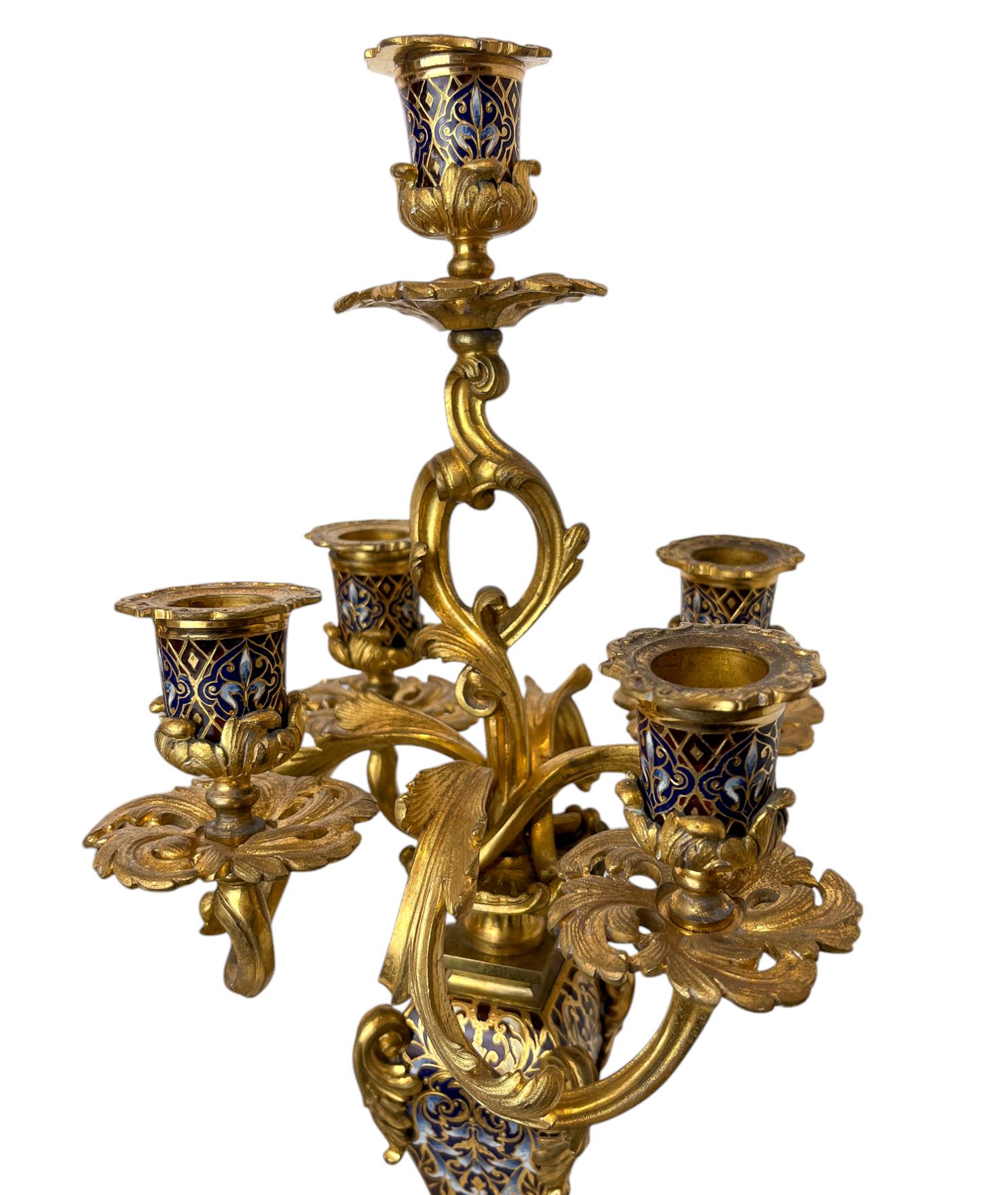 Napoleon III Gilt-Bronze and Enamel Figural Mantel Clock and Candelabras In Good Condition For Sale In New York, NY