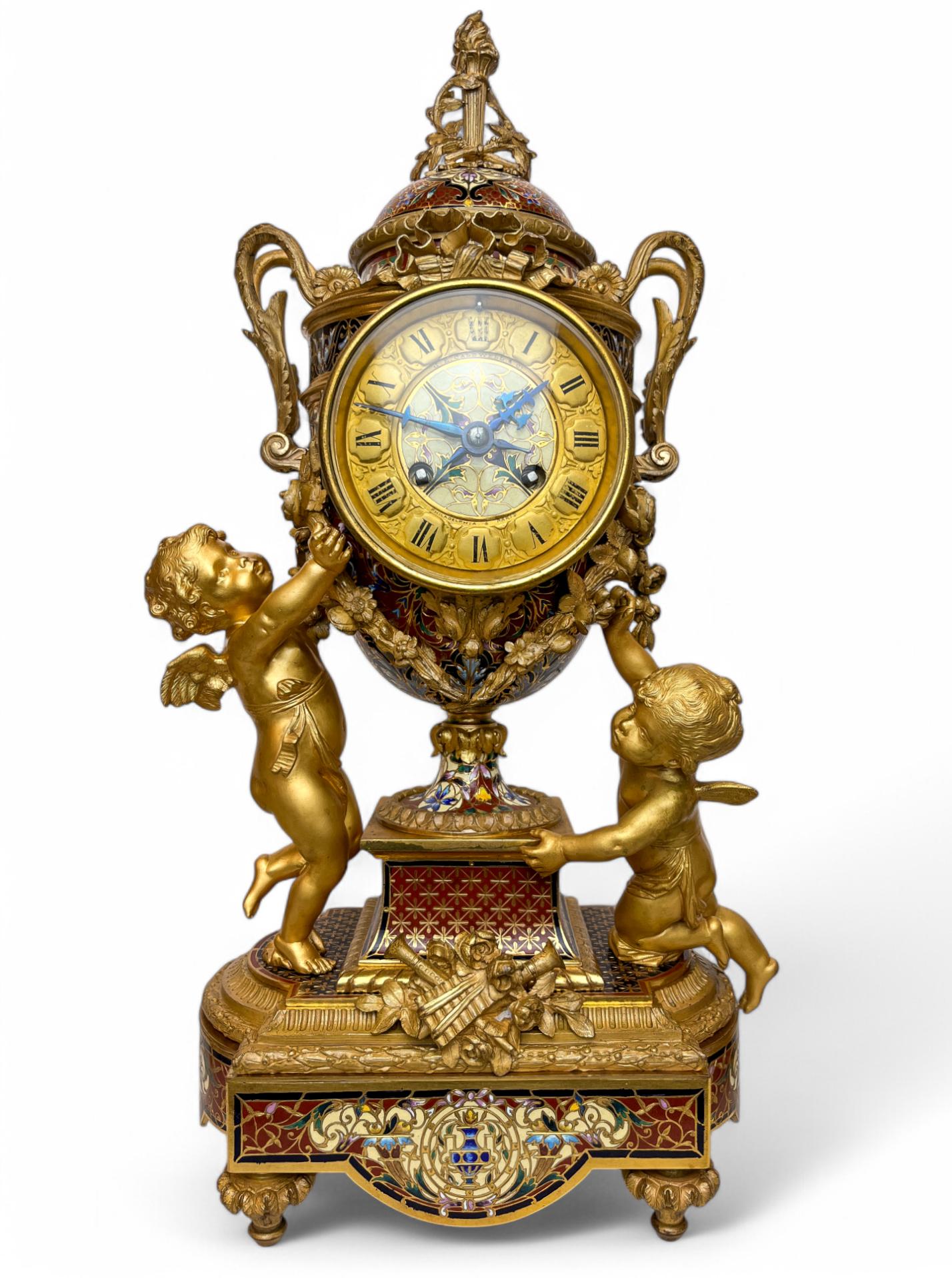19th Century Napoleon III Gilt-Bronze and Enamel Figural Mantel Clock and Candelabras For Sale