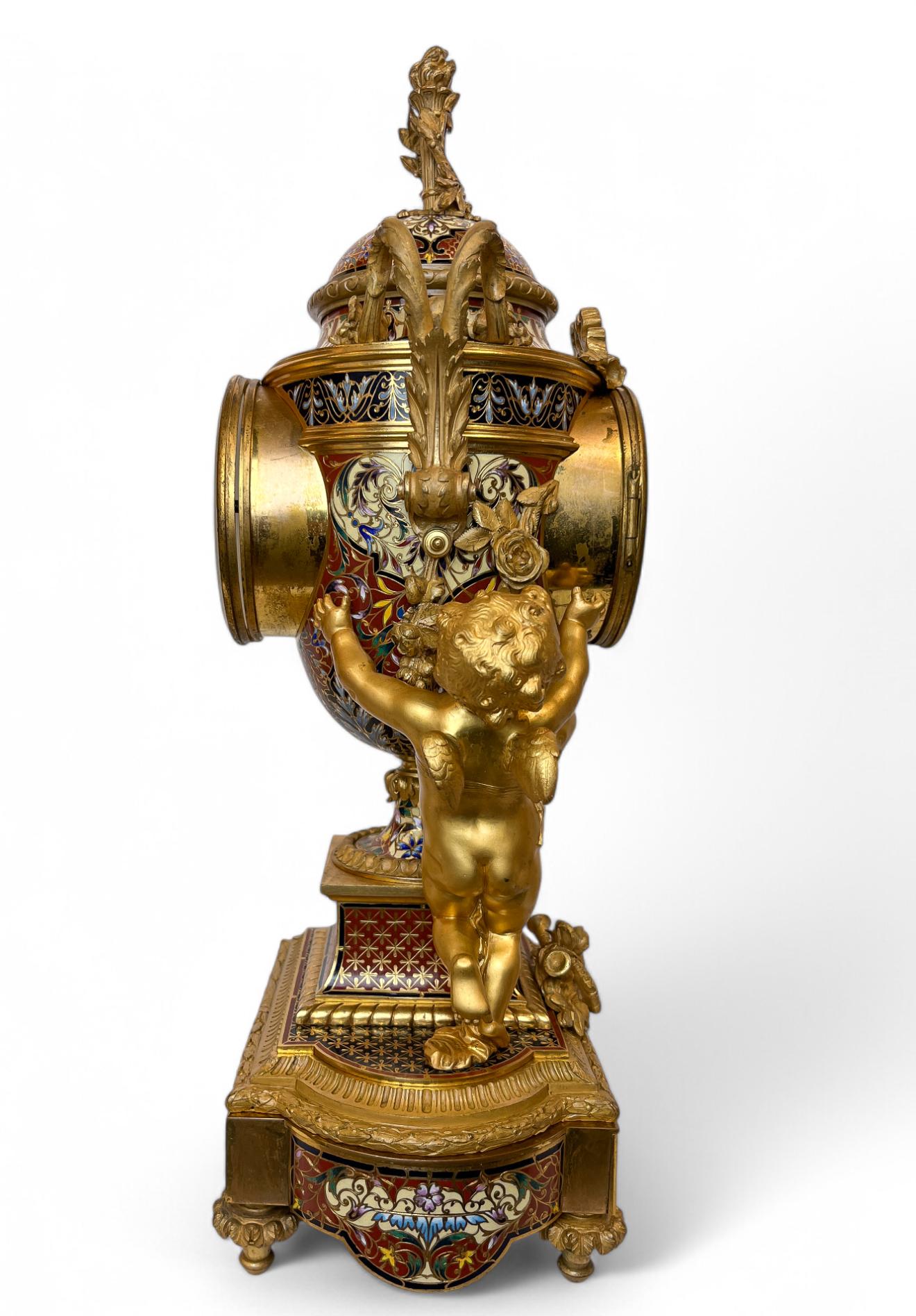 Napoleon III Gilt-Bronze and Enamel Figural Mantel Clock and Candelabras For Sale 1