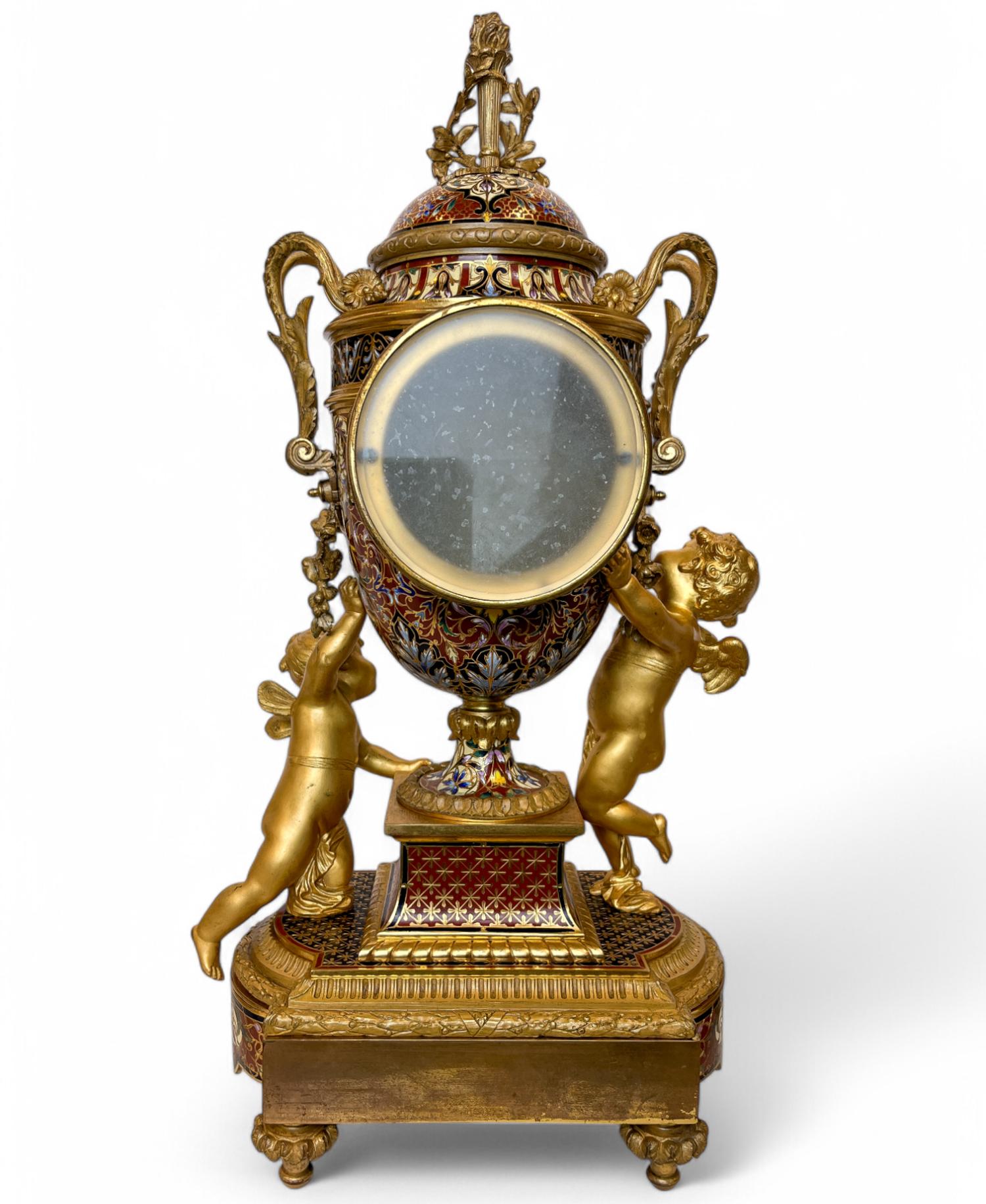 Napoleon III Gilt-Bronze and Enamel Figural Mantel Clock and Candelabras For Sale 2
