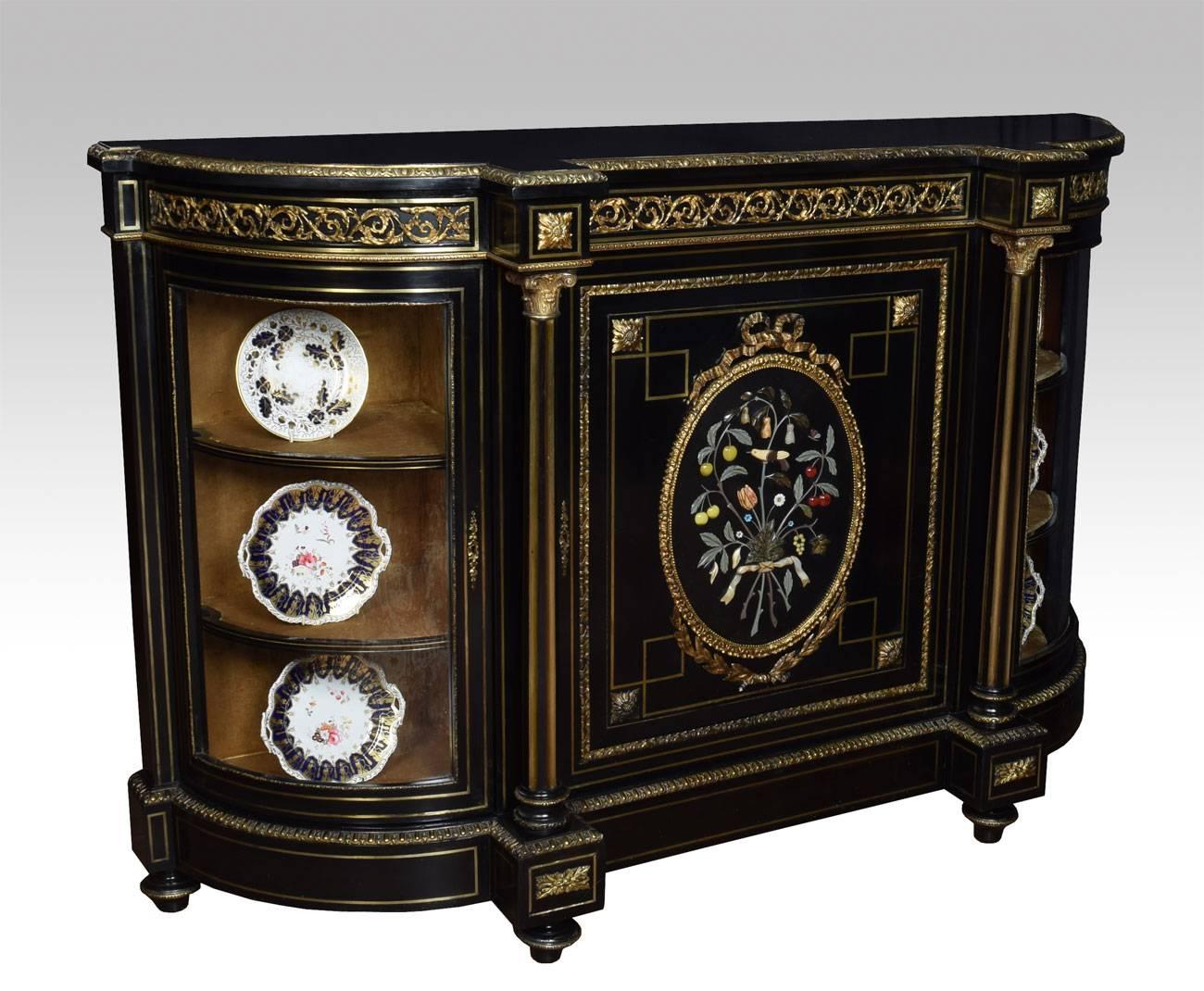 Napoleon III gilt bronze and Pietra Dura mounted ebonized cabinet / credenza, the large ebony top to the gilt metal leaf cast gilt bronze scrolling frieze having Corinthian columns flanking a central door centred with an Pietra Dura oval panel