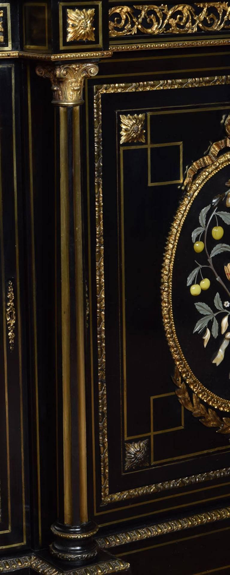 Ebony Napoleon III Gilt Bronze and Pietra Dura Mounted Ebonized Cabinet or Credenza For Sale