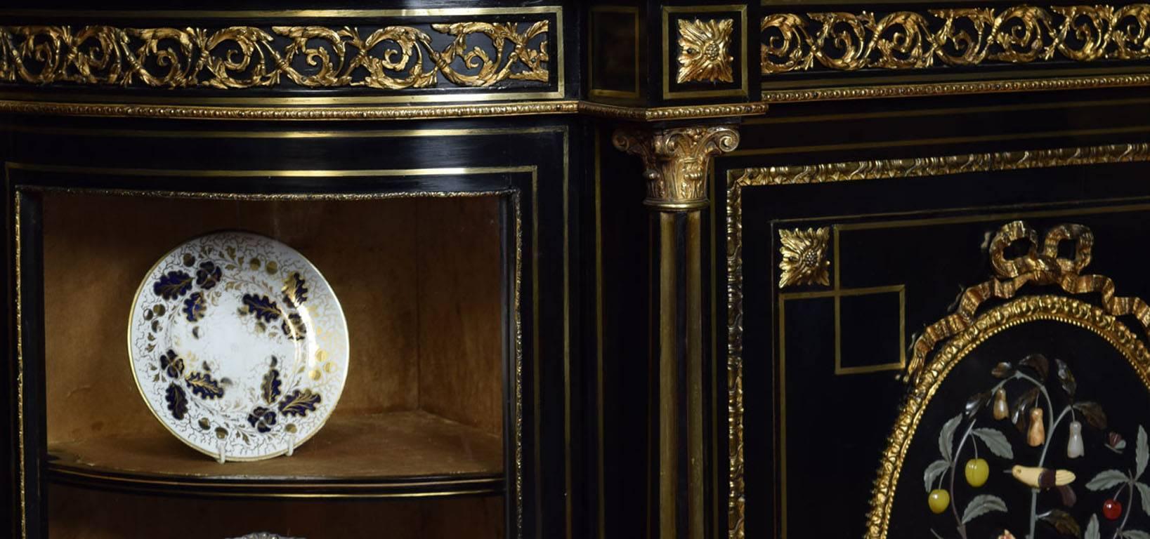 Napoleon III Gilt Bronze and Pietra Dura Mounted Ebonized Cabinet or Credenza 1