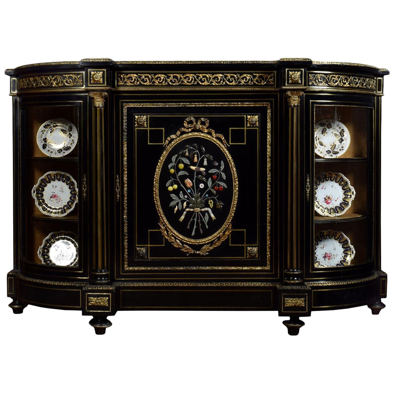 Napoleon III Gilt Bronze and Pietra Dura Mounted Ebonized Cabinet or Credenza