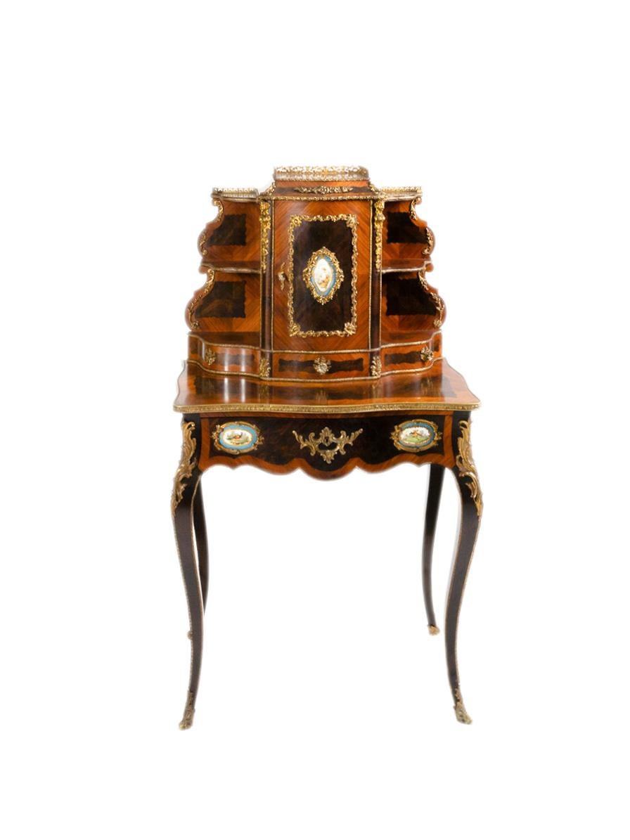 French Napoleon III Gilt Bronze and Porcelain Mounted Bonheur du Jour by Louis Grade For Sale