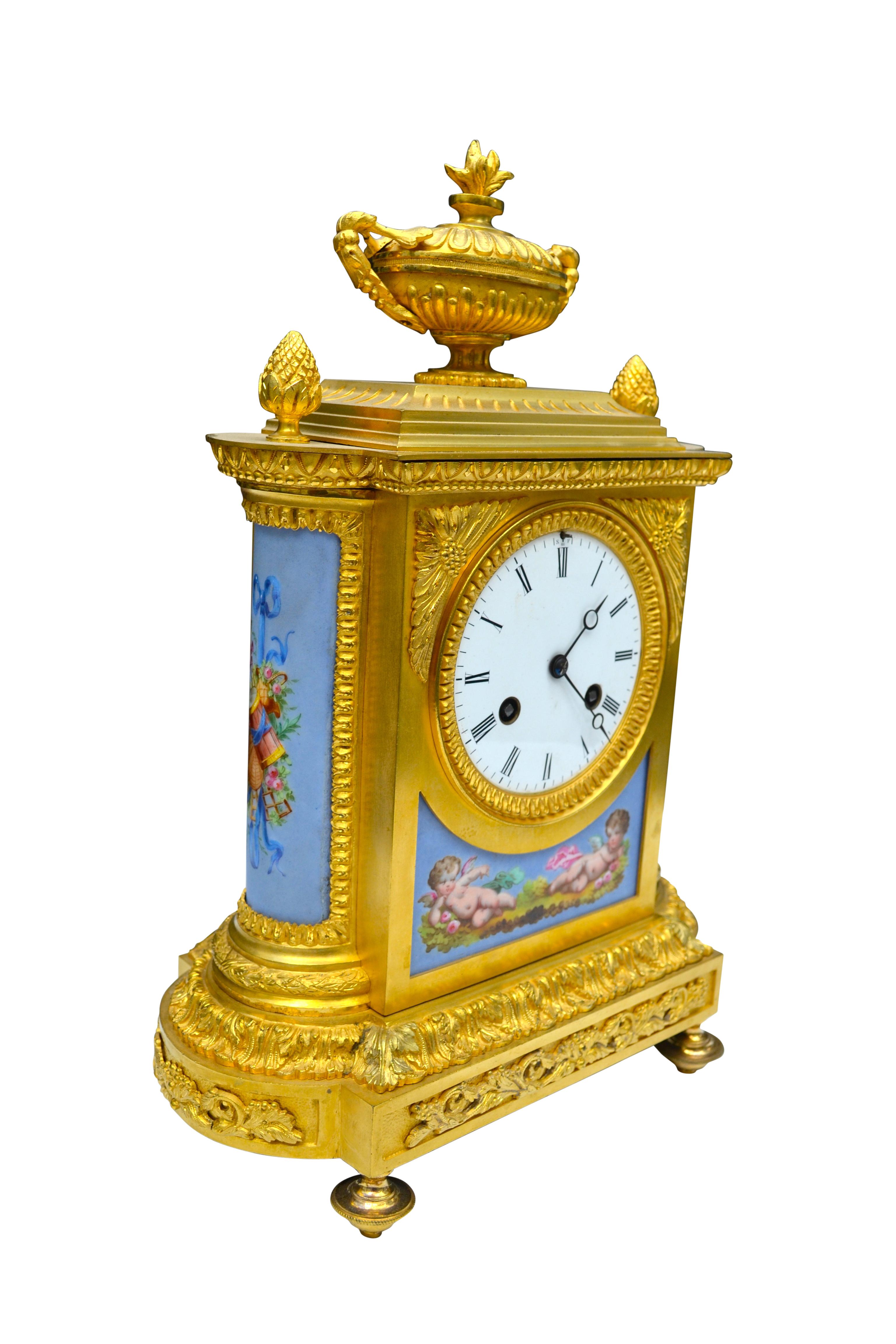 French Napoleon III Gilt Bronze and Serves Style Porcelain Plaque Clock