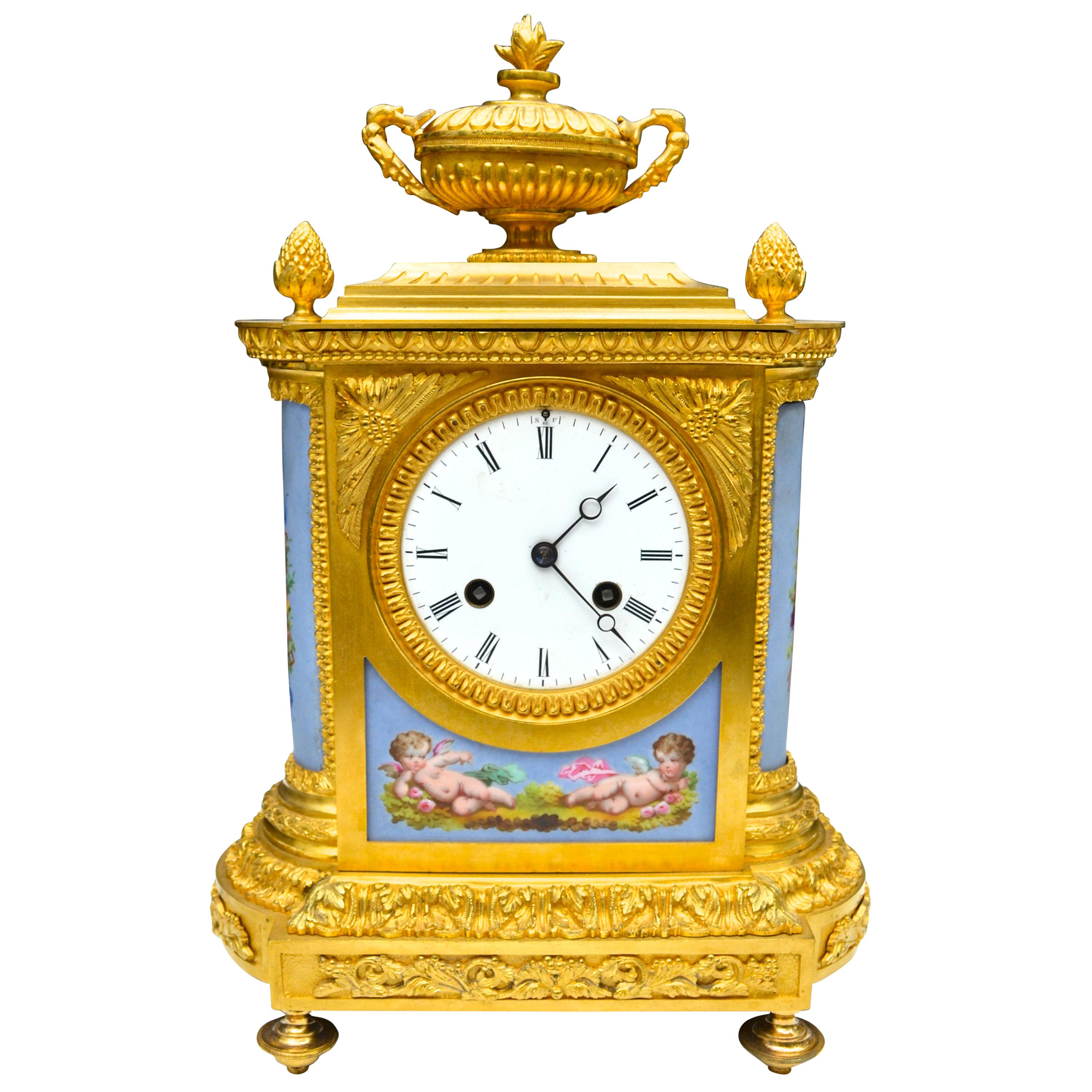 Napoleon III Gilt Bronze and Serves Style Porcelain Plaque Clock