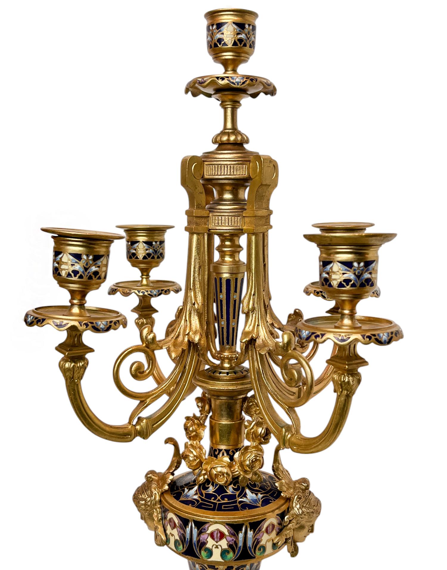 Napoleon III Gilt-Bronze, Glass and Champlevé Enamel Mantel Clock For Sale 5