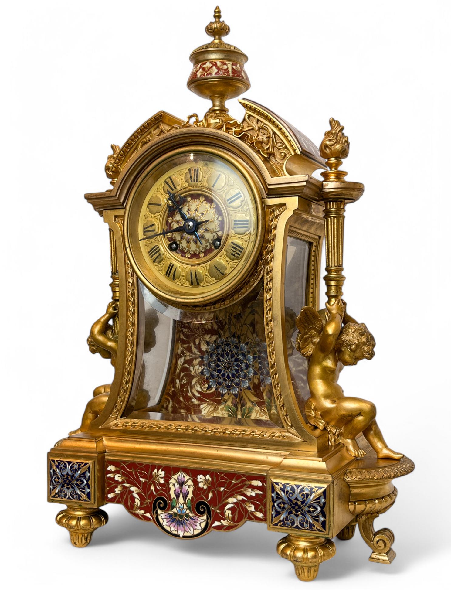 American Napoleon III Gilt-Bronze, Glass and Champlevé Enamel Mantel Clock For Sale