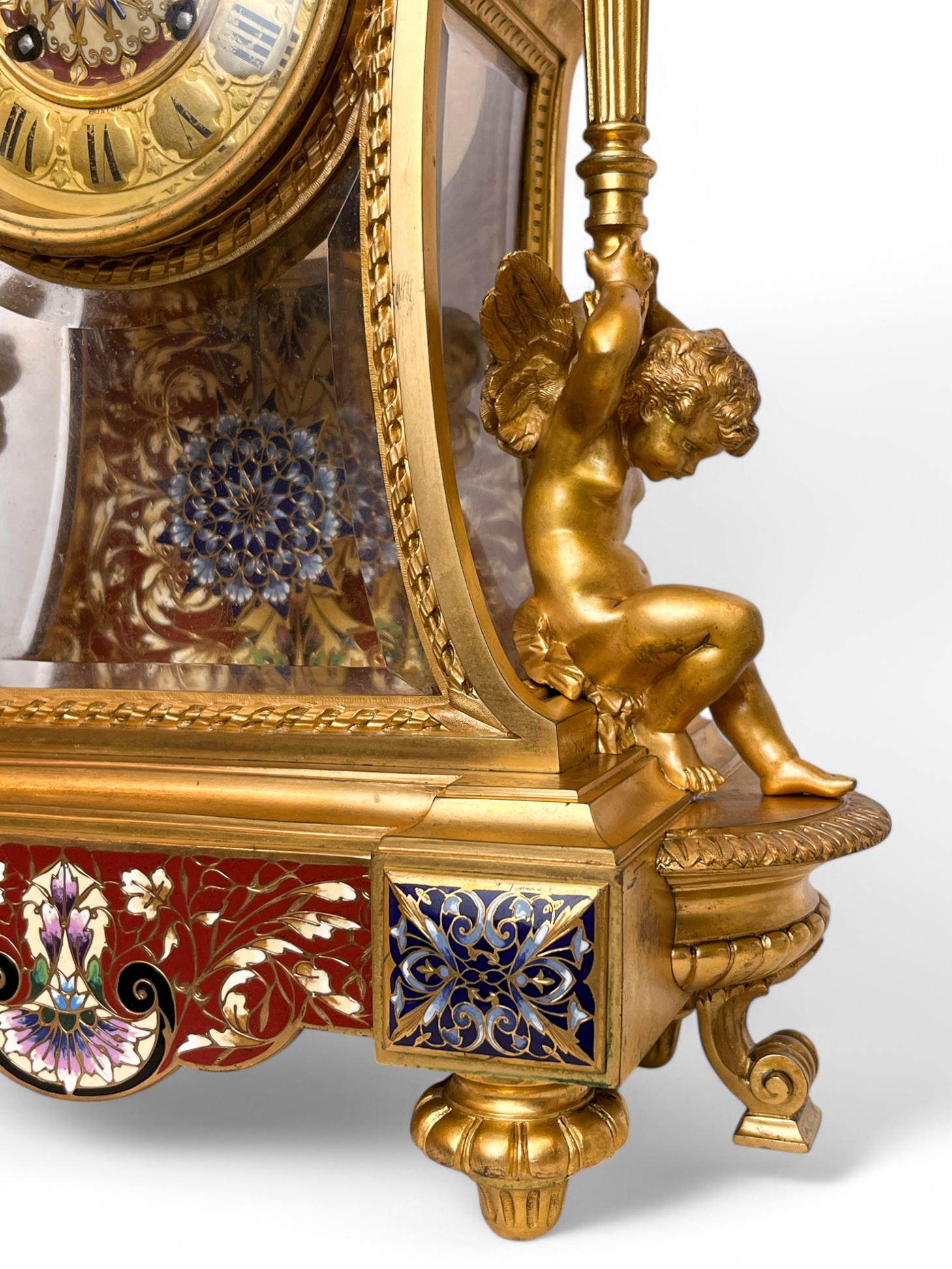 Cast Napoleon III Gilt-Bronze, Glass and Champlevé Enamel Mantel Clock For Sale