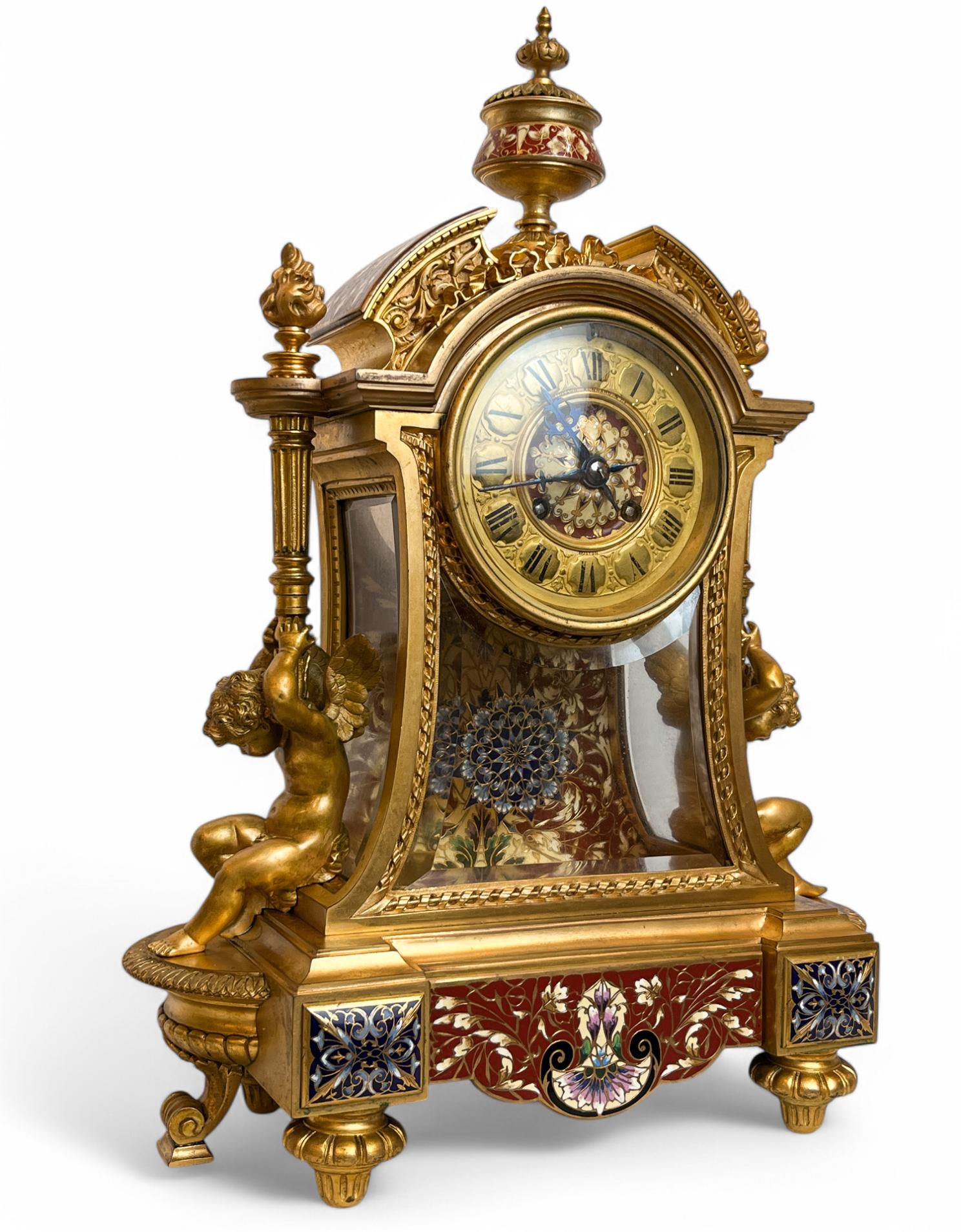 Napoleon III Gilt-Bronze, Glass and Champlevé Enamel Mantel Clock In Good Condition For Sale In New York, NY