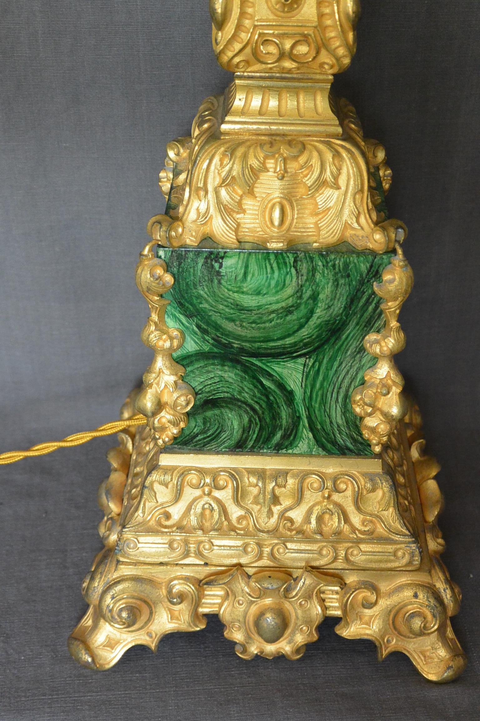 Lampe à colonne Napoléon III en bronze doré et malachite Bon état - En vente à New York, NY