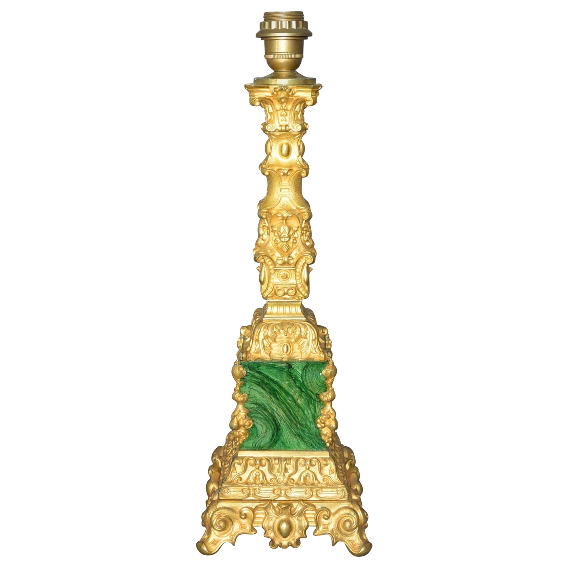 Lampe à colonne Napoléon III en bronze doré et malachite en vente