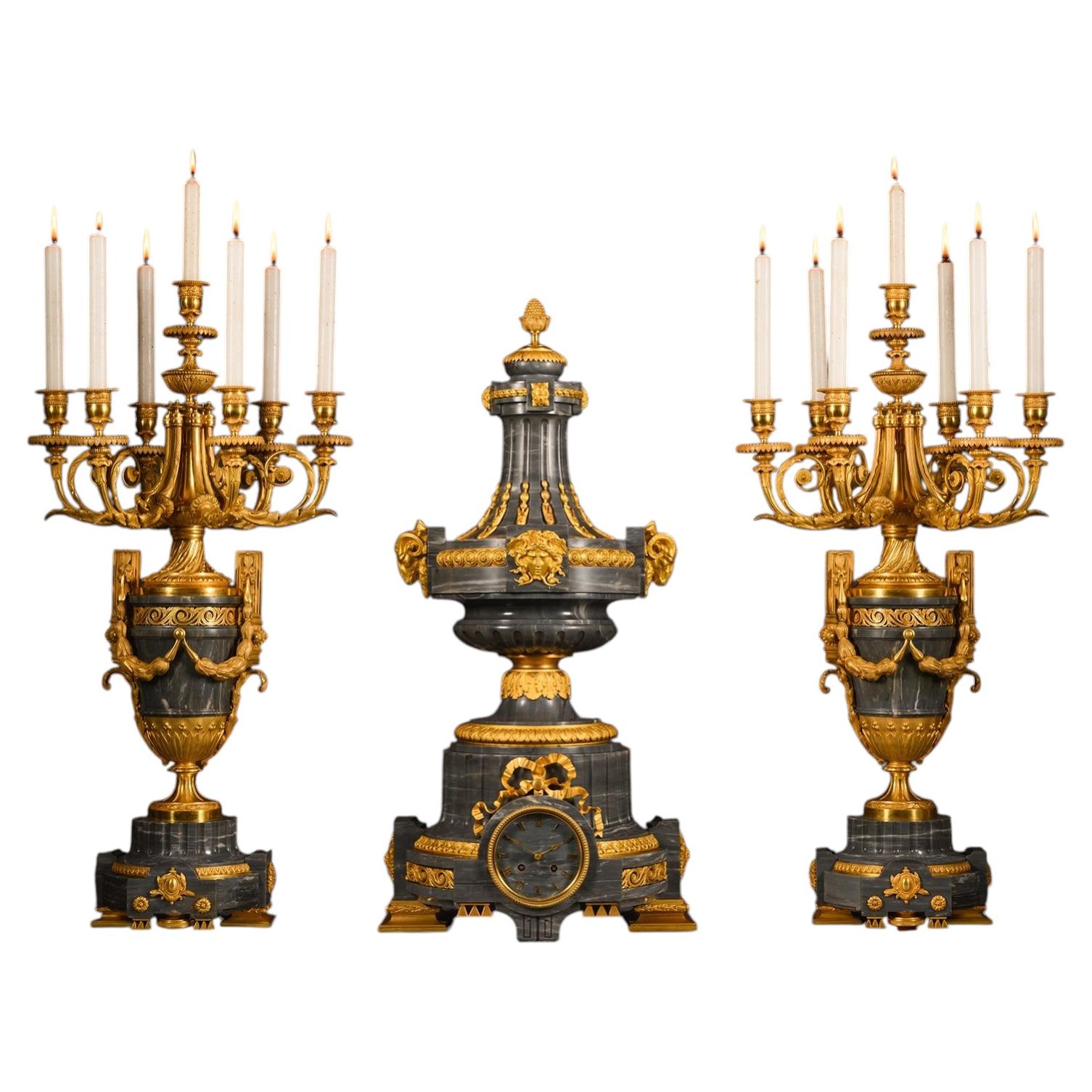 Napoleon III Gilt-Bronze Mounted Bleu Turquin Marble Three Piece-Clock Garniture