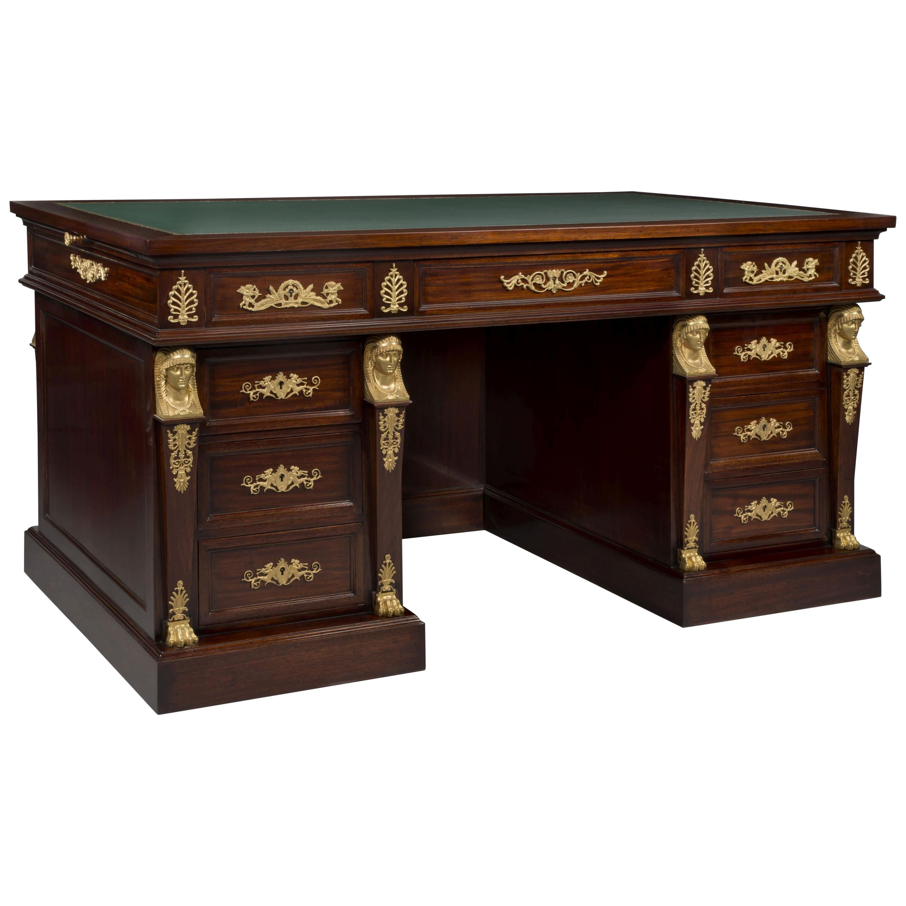 Napoleon III Gilt-Bronze Mounted Empire Style Mahogany Pedestal Desk, circa 1870 For Sale