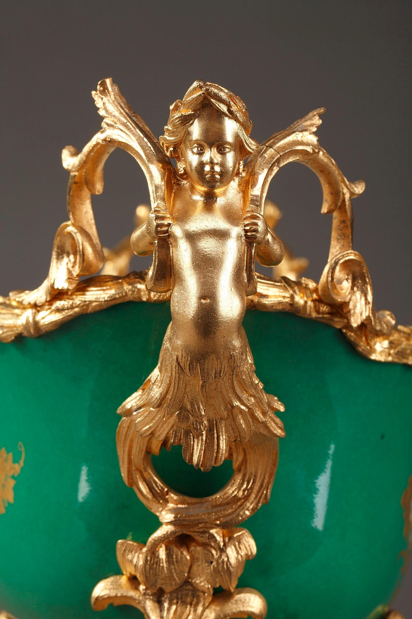 Napoleon III Gilt Bronze-Mounted Green Ground Porcelain Jardinière For Sale 4