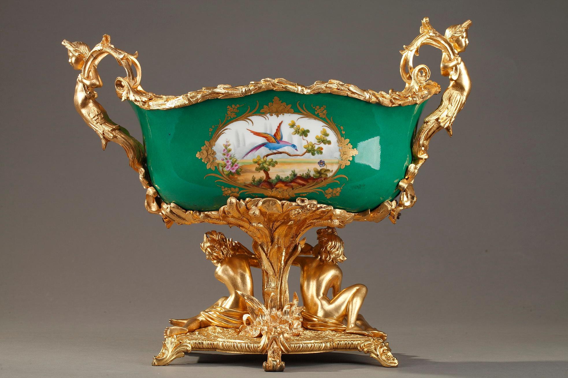 Napoleon III Gilt Bronze-Mounted Green Ground Porcelain Jardinière For Sale 8